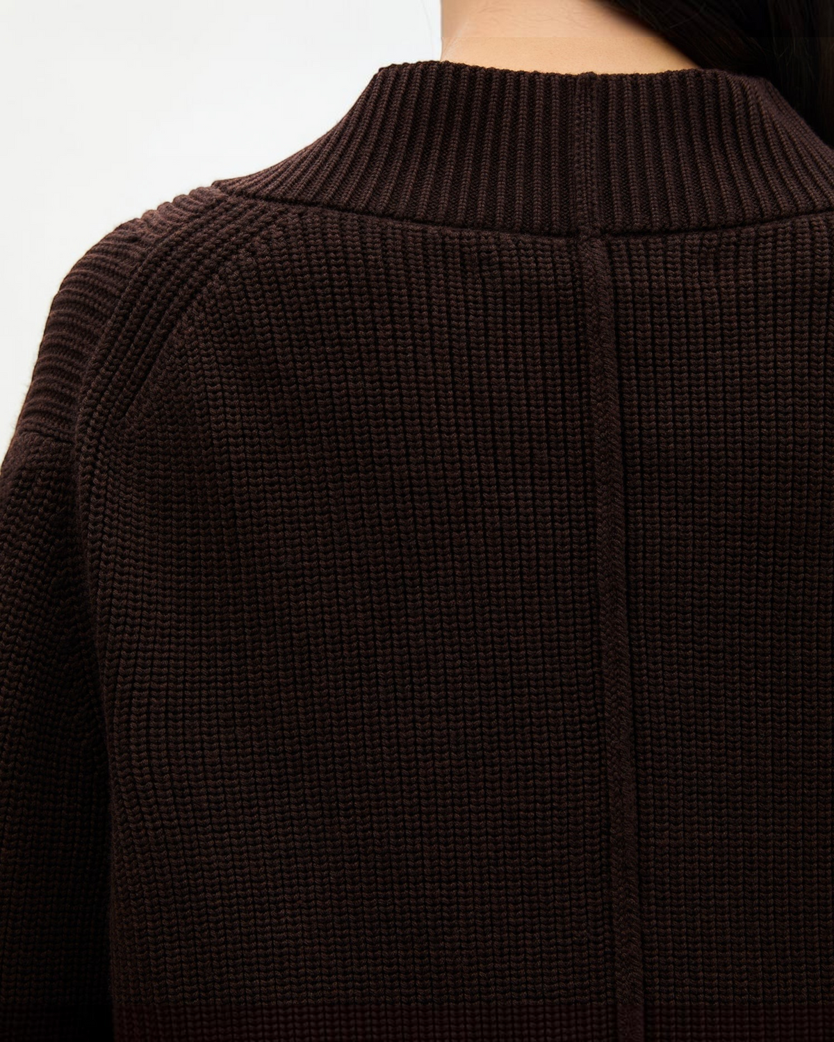 Weldun chocolate brown ribbed wool cardigan featuring a mock neck and detailed back seam construction.