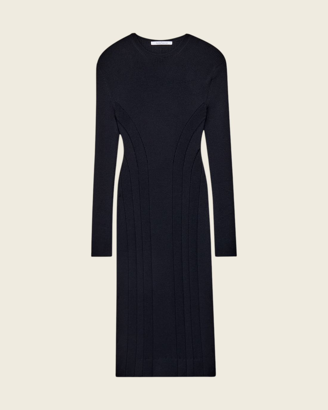 Weldun black tea length rib knit dress with long sleeves, contouring fit, and curved seaming in soft wool.