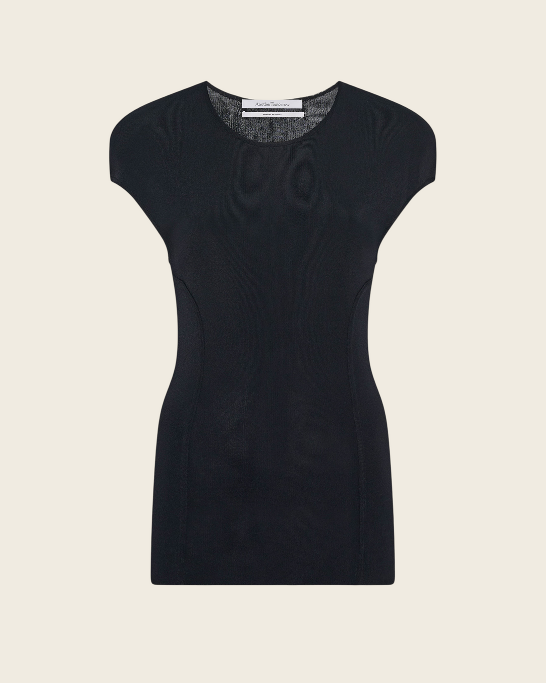 Weldun Another Tomorrow black fitted jersey top with cap sleeves and curved seaming for a sculpted silhouette