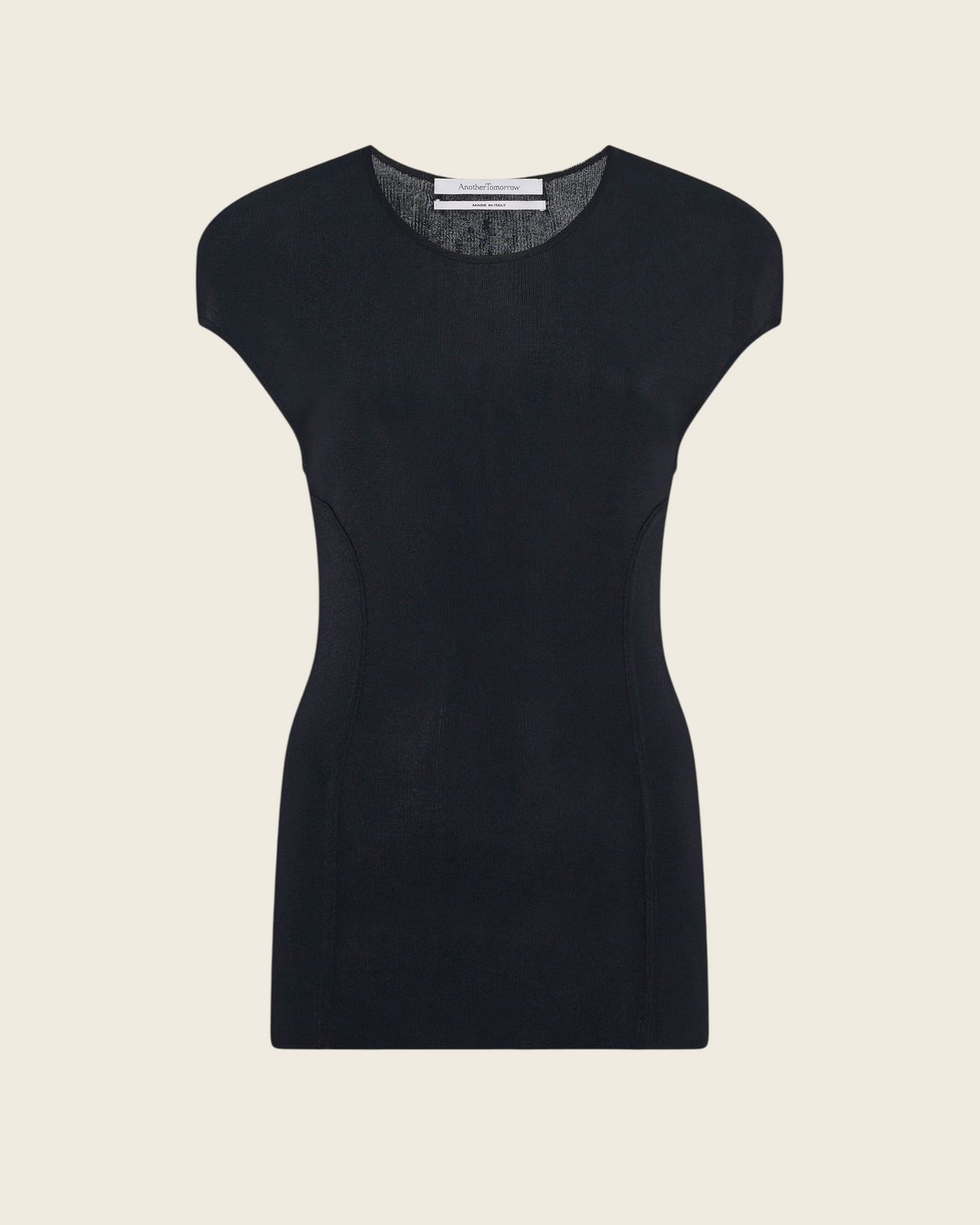 Weldun Another Tomorrow black fitted jersey top with cap sleeves and curved seaming for a sculpted silhouette