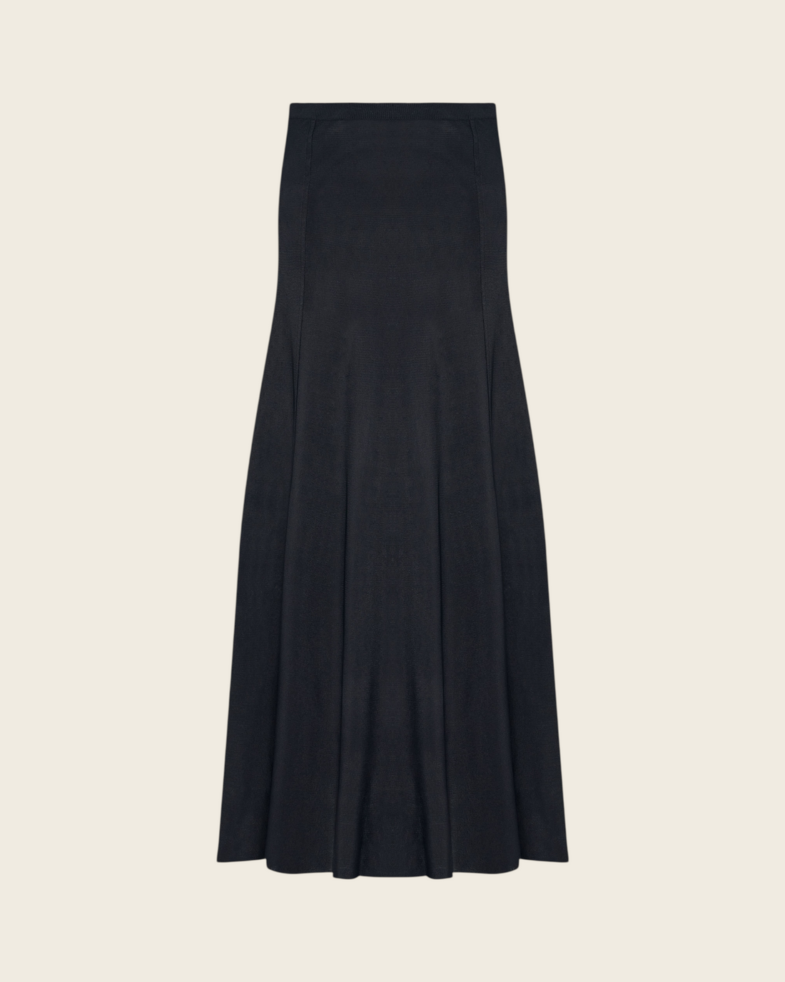 Weldun black midi length knit flare skirt with paneled seams and a relaxed, fluid silhouette.
