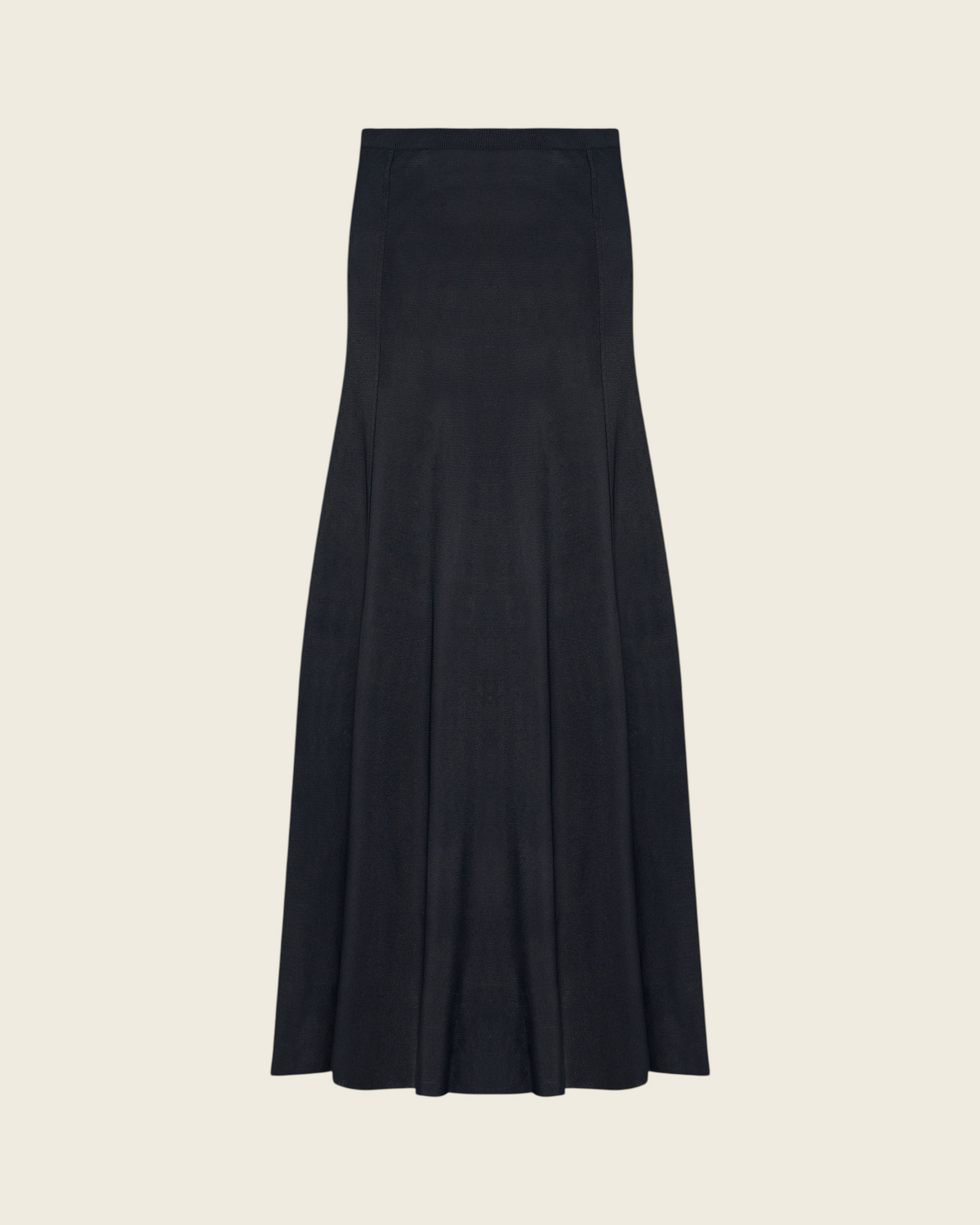 Weldun black midi length knit flare skirt with paneled seams and a relaxed, fluid silhouette.