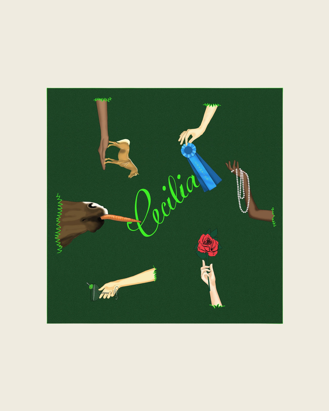 Weldun Good Girl 90 silk twill scarf in dark green with surreal horse-themed illustrations and Cecilia branding.