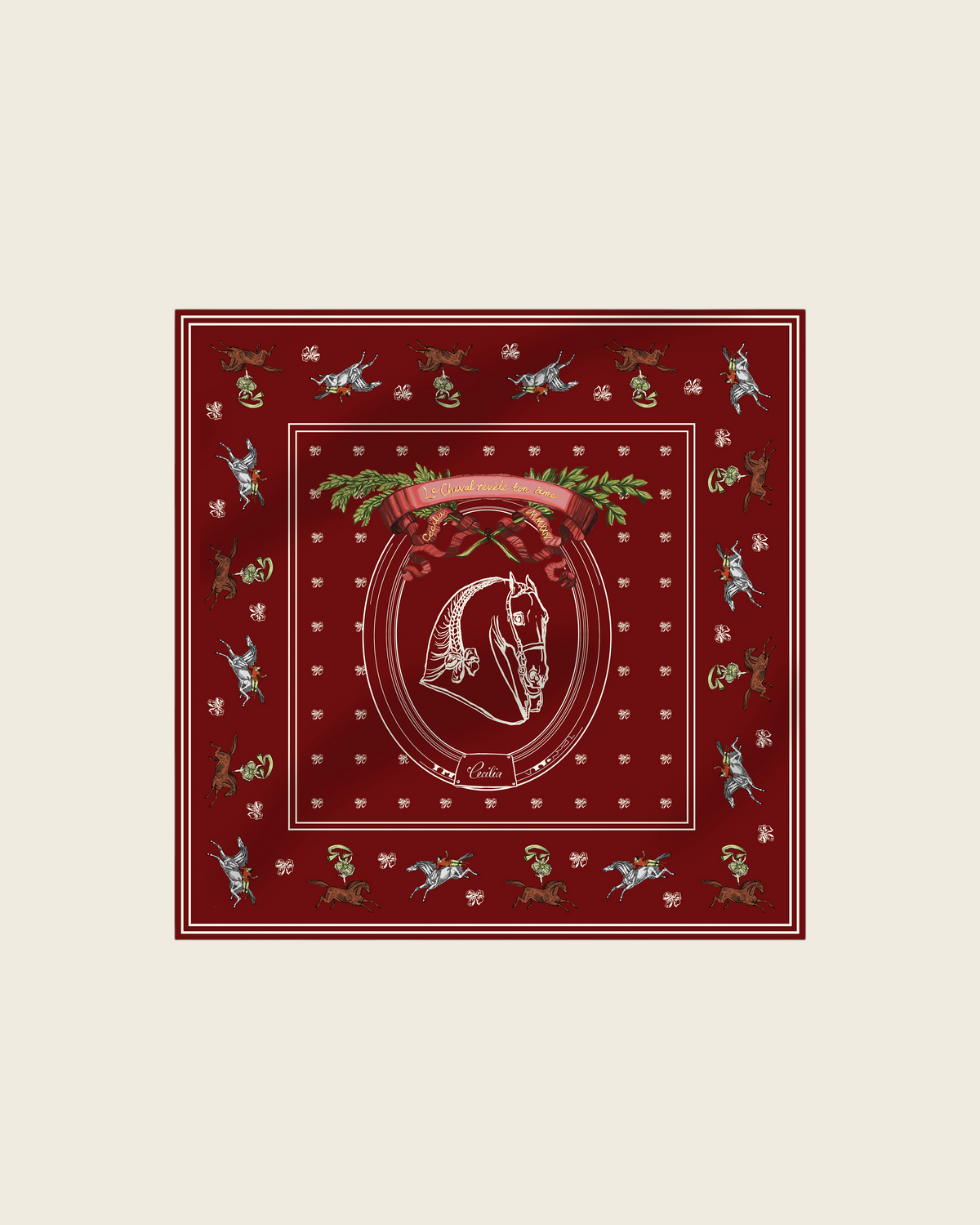 Weldun Petit Circus 55 silk twill bandana in deep red with a central equestrian horse crest and decorative border.