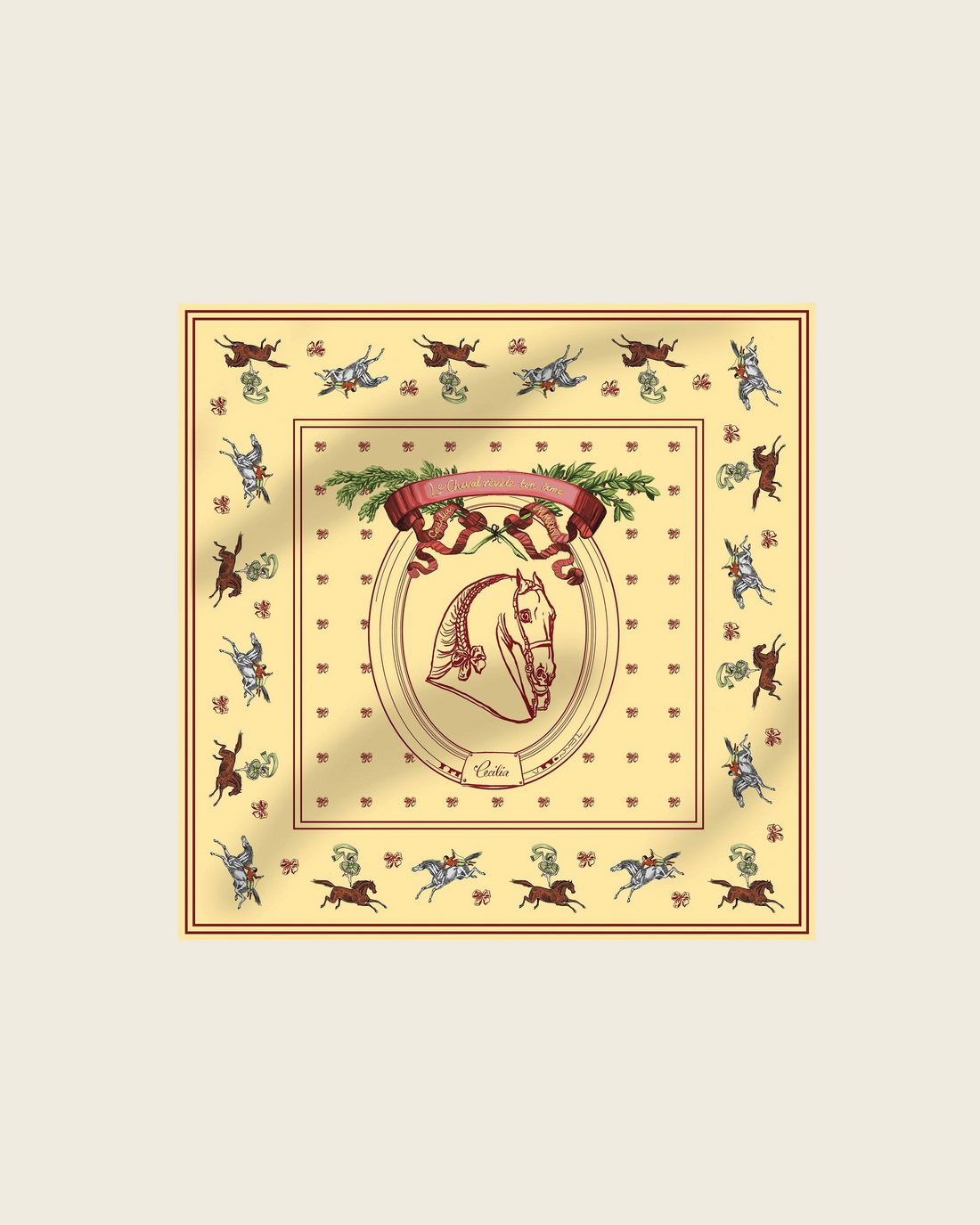 Weldun Petit Circus 55 silk twill bandana in cream with a central equestrian horse crest and decorative border.