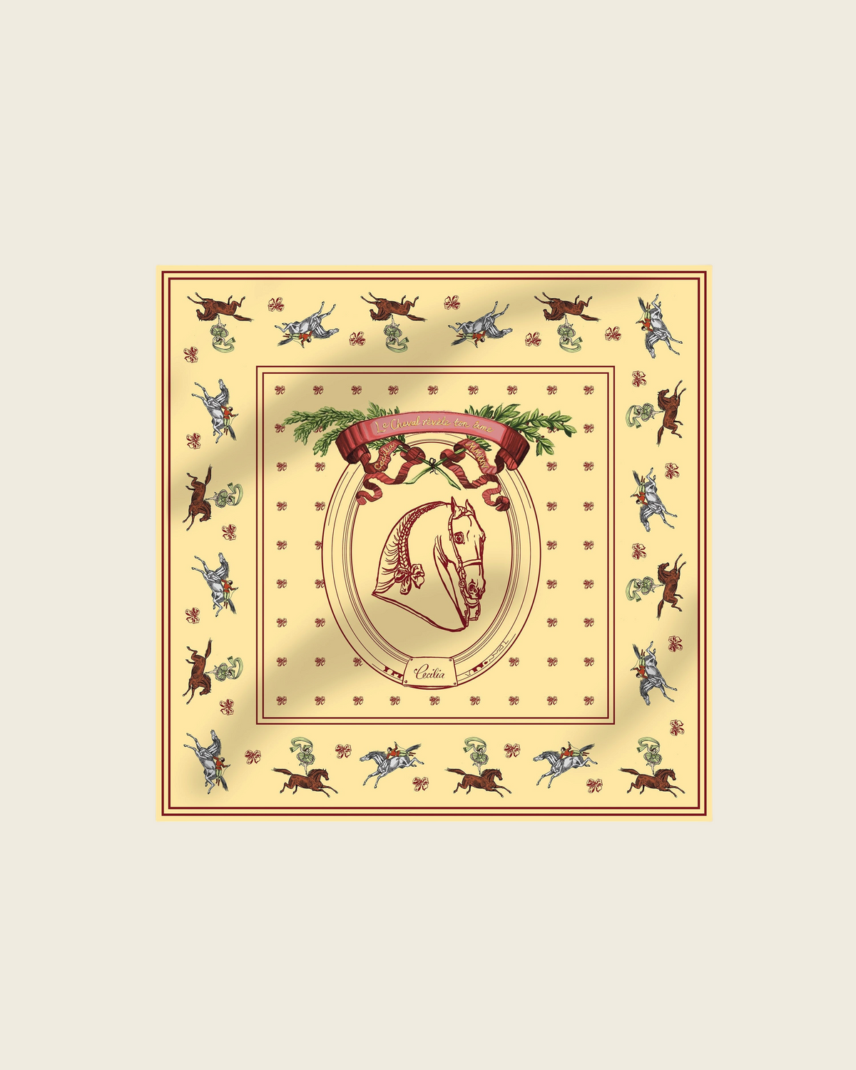 Weldun Petit Circus 55 silk twill bandana in cream with a central equestrian horse crest and decorative border.