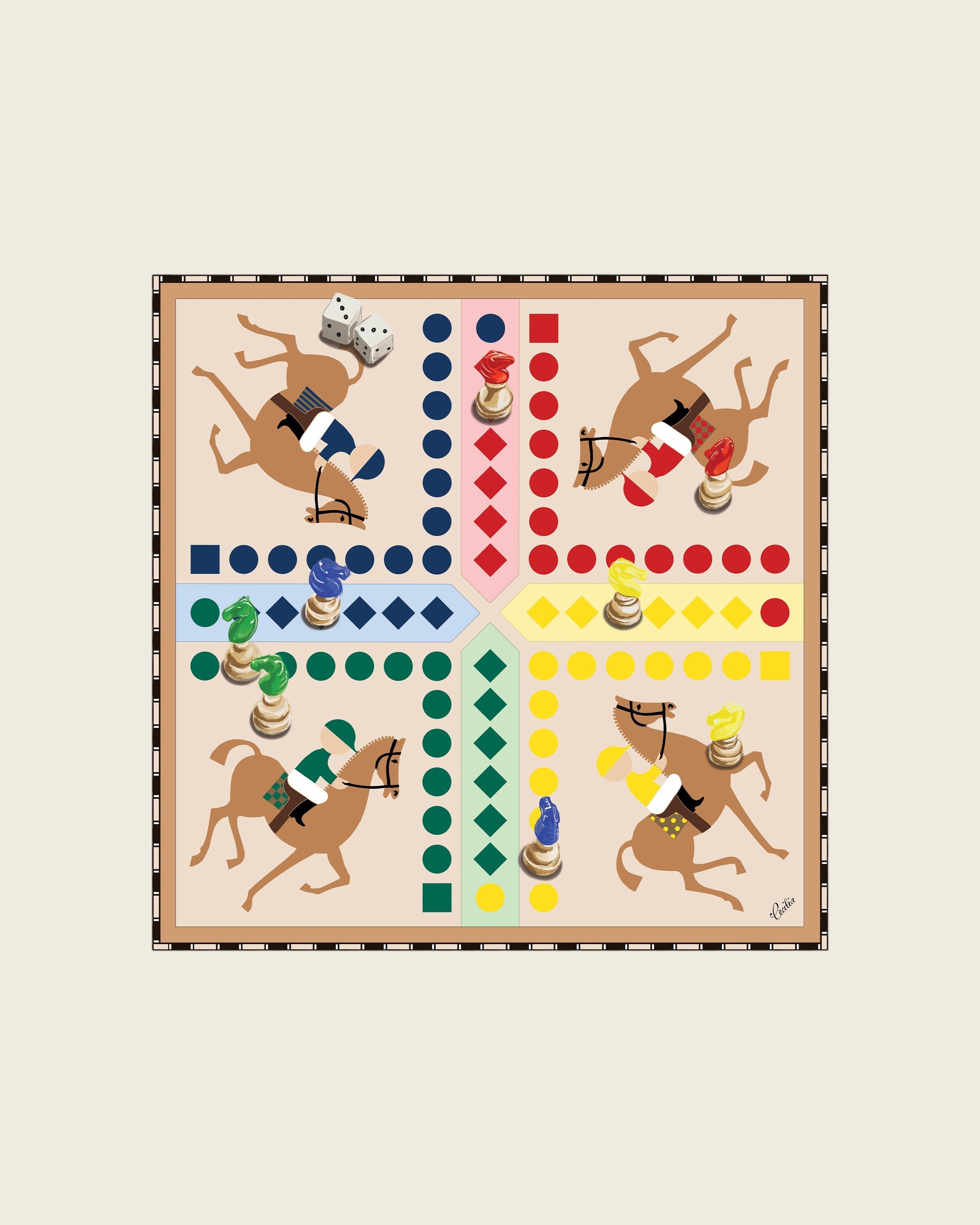 Weldun Jeu Des Petits Chevaux 65 silk twill scarf featuring a colorful French board game print on a beige background.