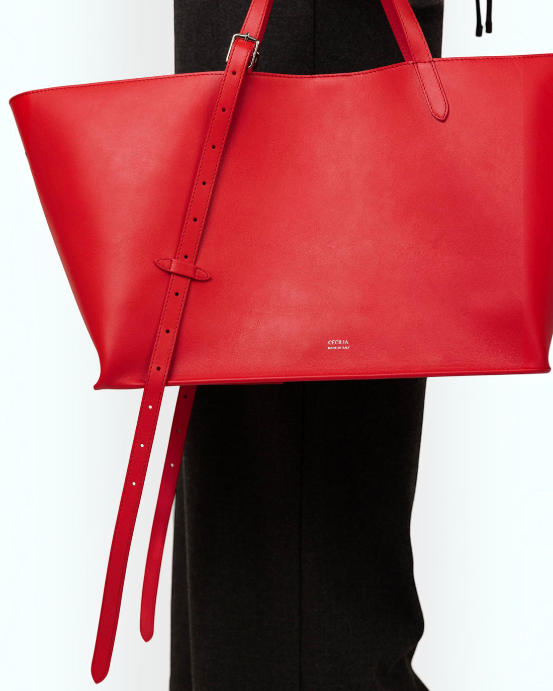 Weldun Leonora Day soft red Italian nappa leather tote bag with adjustable stirrup buckle straps