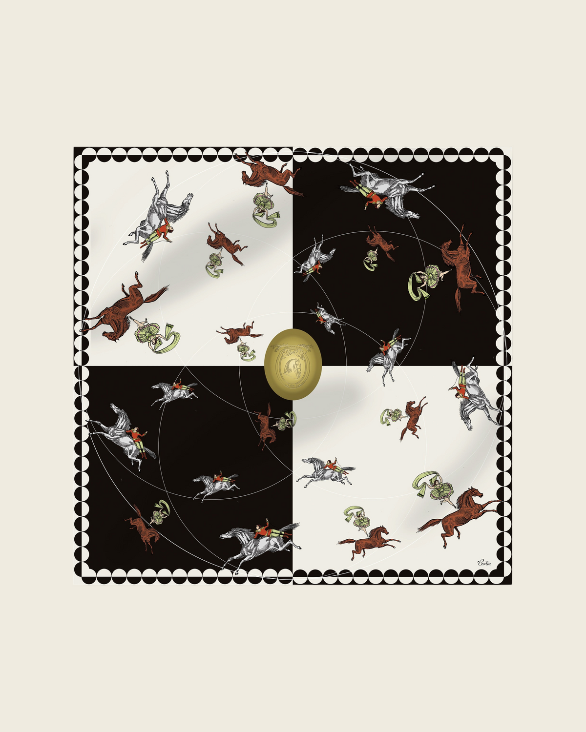 Weldun Cecilia Circus 90 silk twill scarf in ivory and black with hand-drawn horse and rider carousel print