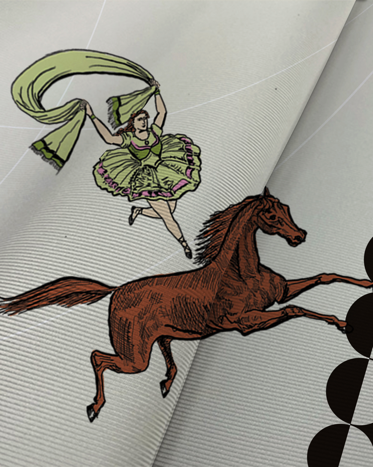 Weldun Circus 90 silk twill scarf in ivory featuring a hand-drawn illustration of a rider and horse in motion.