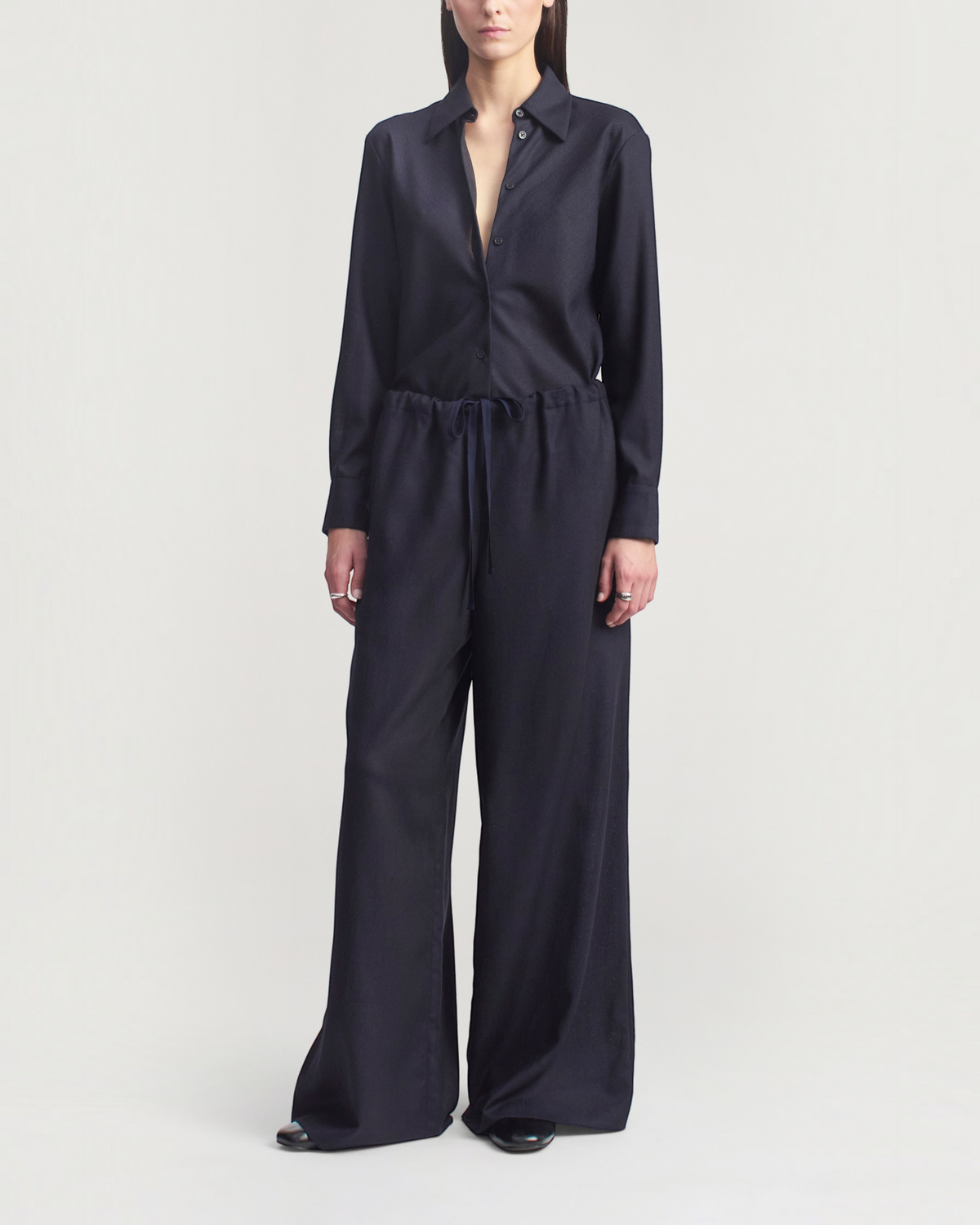 Weldun KALLMEYER Cairo wide leg pants in indigo featherweight wool with an adjustable drawstring waistband