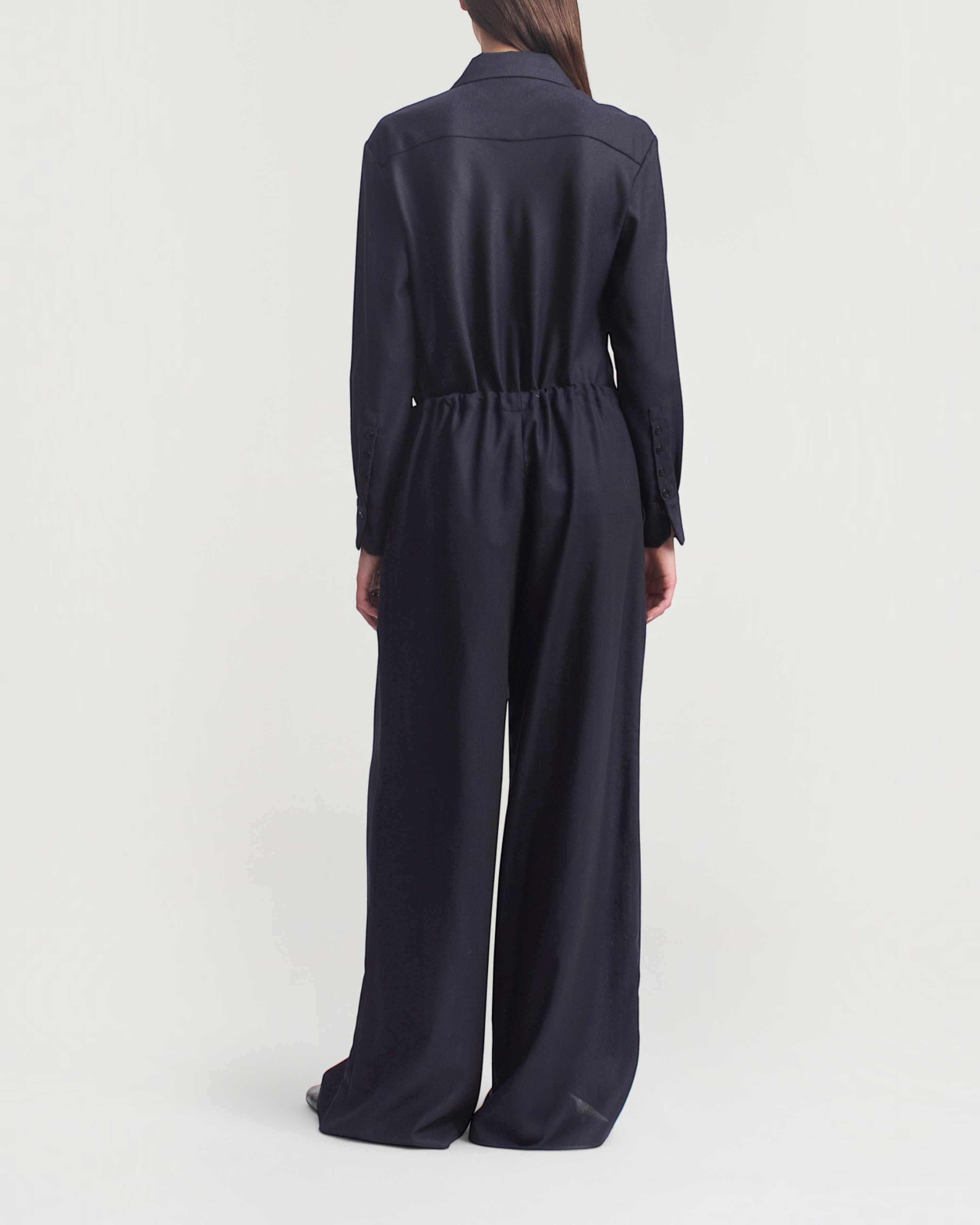 Weldun KALLMEYER Cairo wide leg indigo featherweight wool pants with adjustable drawstring waist, back view