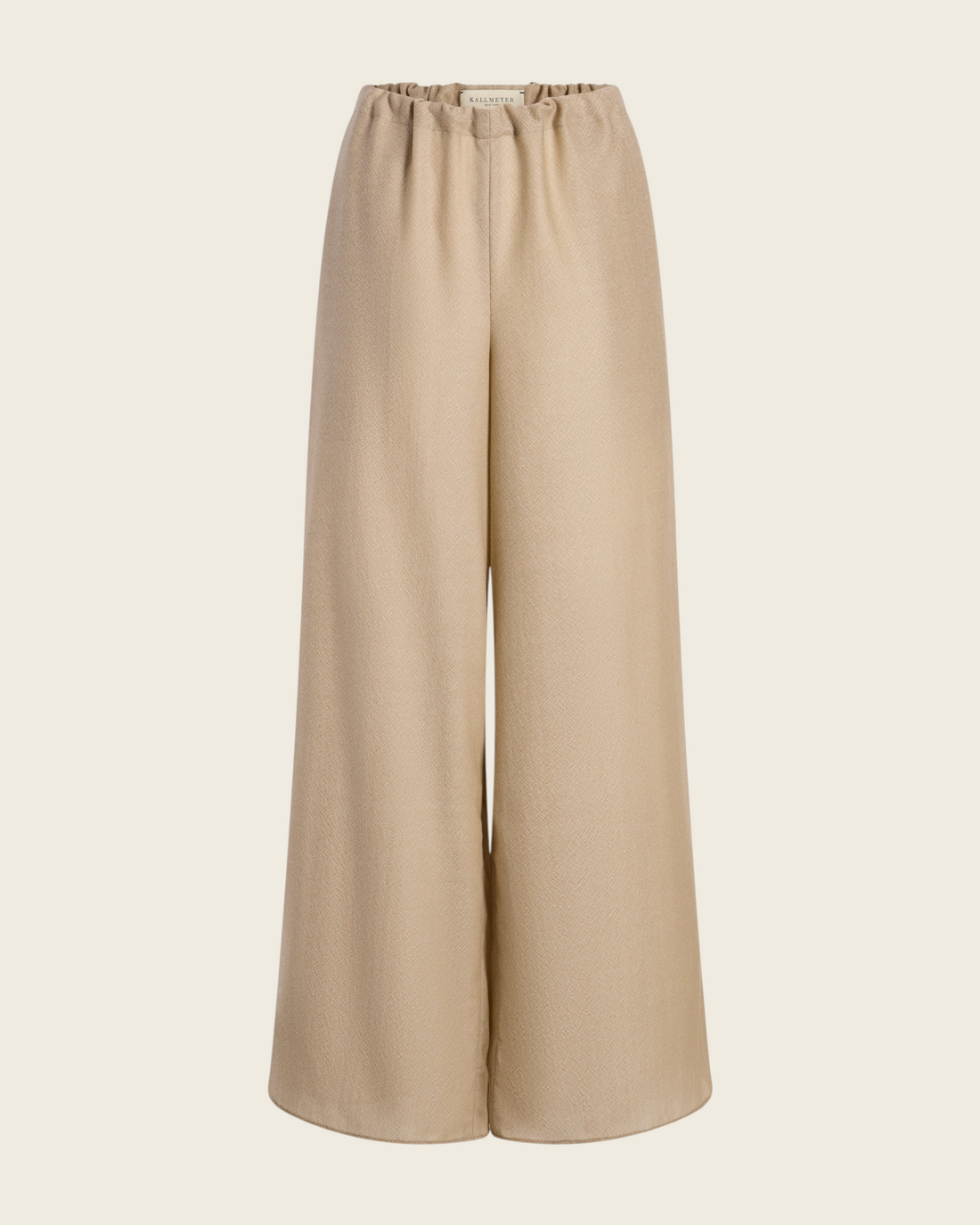 Weldun KALLMEYER Cairo wide leg pants in taupe featherweight wool with an adjustable drawstring waistband.