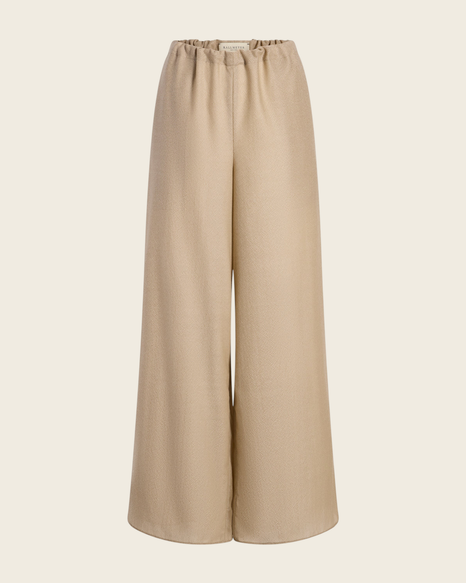 Weldun KALLMEYER Cairo wide leg pants in taupe featherweight wool with an adjustable drawstring waistband.