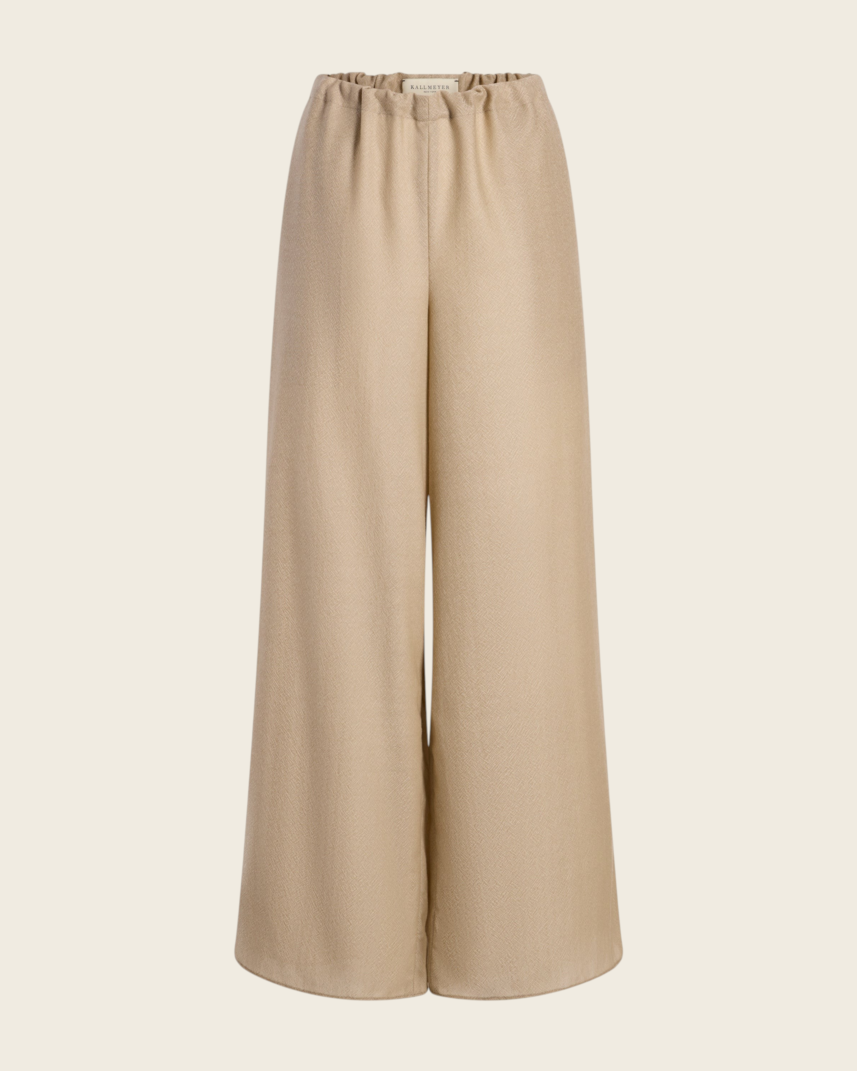 Weldun KALLMEYER Cairo wide leg pants in taupe featherweight wool with an adjustable drawstring waistband.
