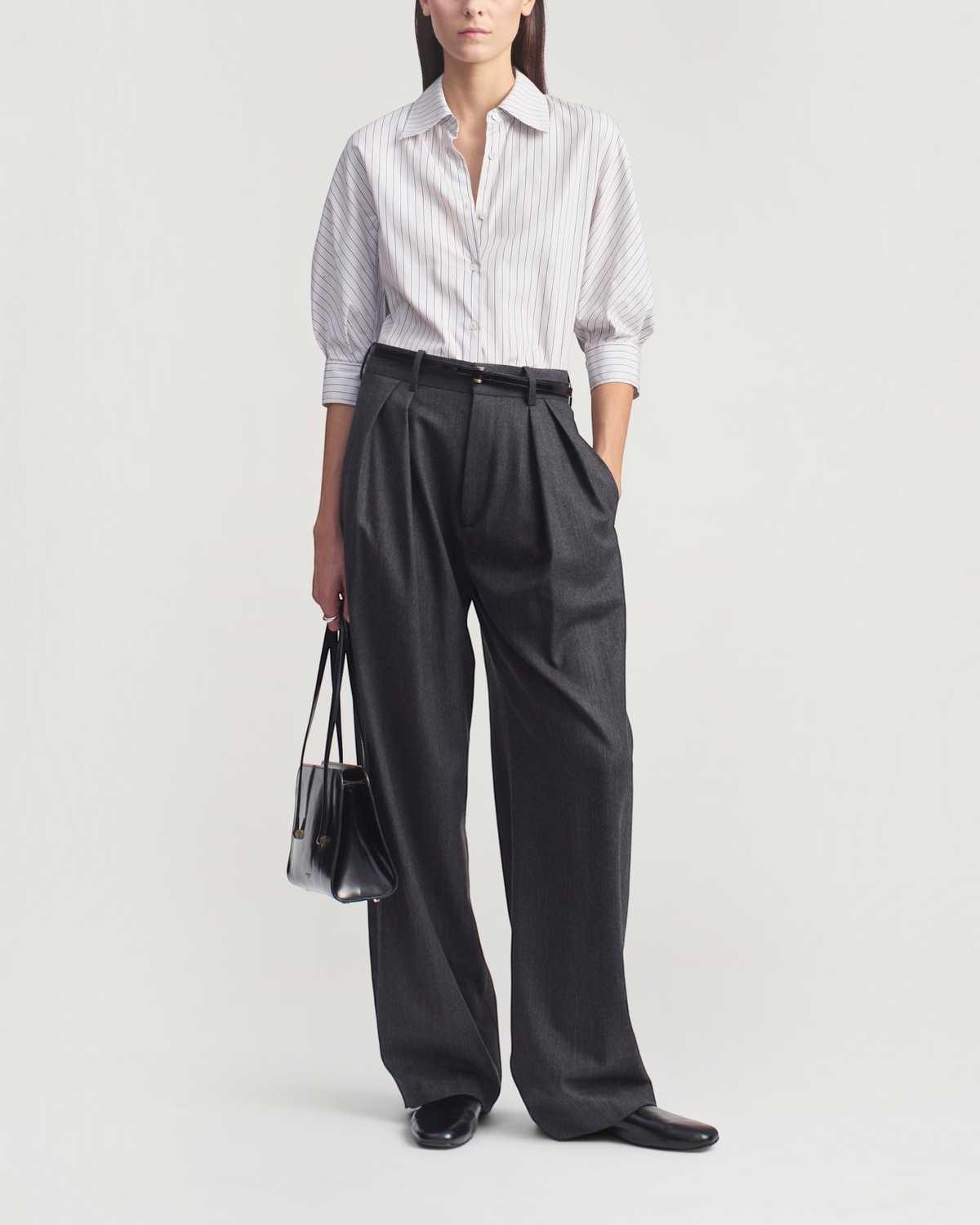 Weldun Colette 3/4 sleeve button down shirt in navy striped cotton poplin with a pointed collar and voluminous sleeves.