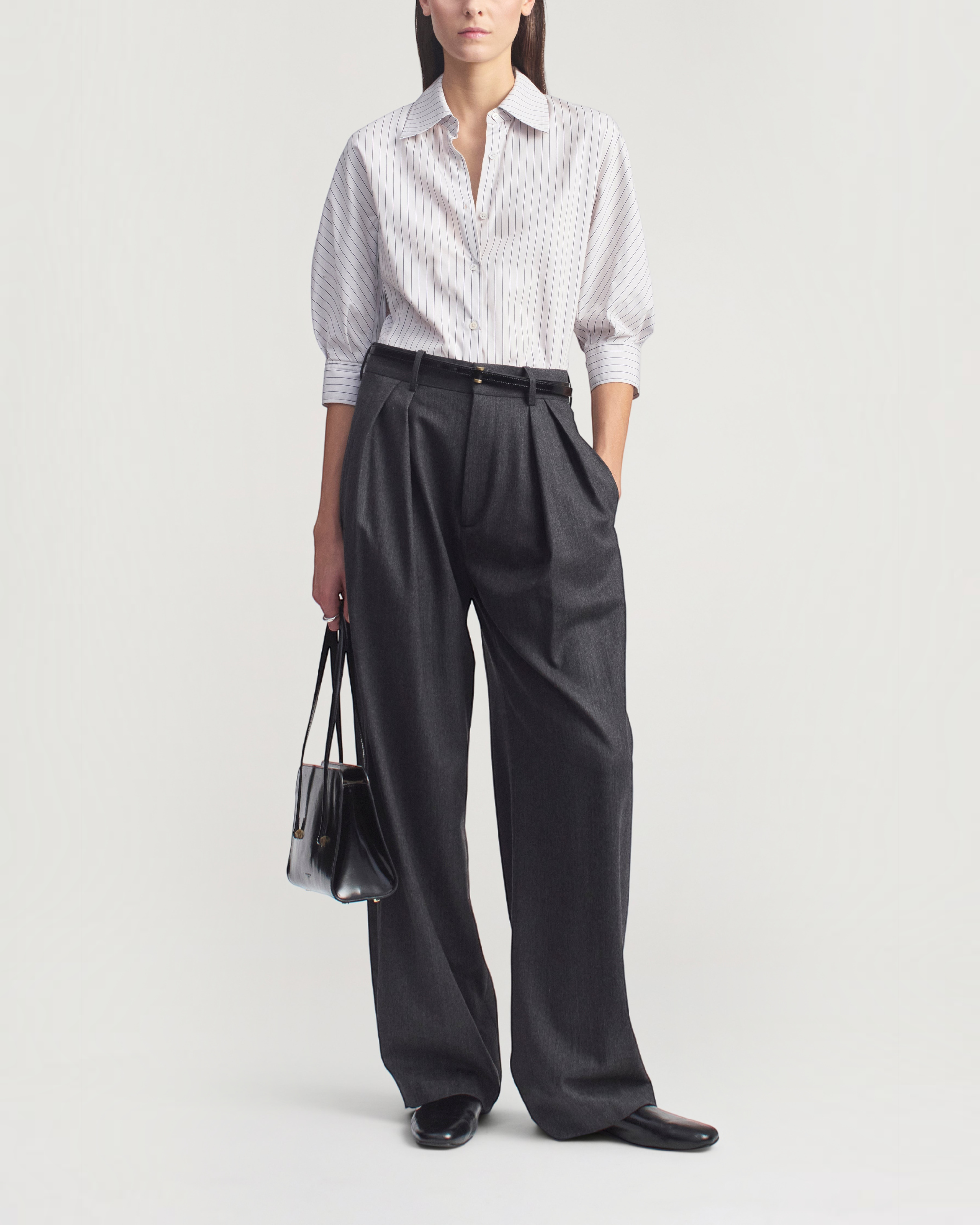 Weldun Colette 3/4 sleeve button down shirt in navy striped cotton poplin with a pointed collar and voluminous sleeves.