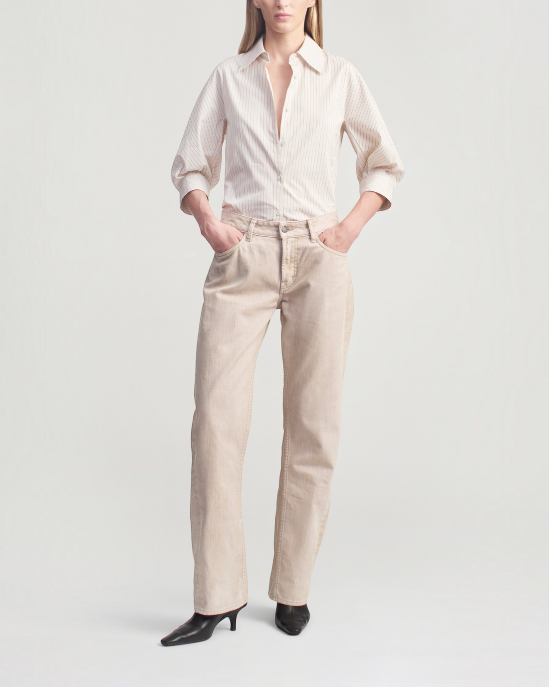 Weldun Colette 3/4 sleeve button-down shirt in sepia stripe cotton poplin with pointed collar and voluminous sleeves.