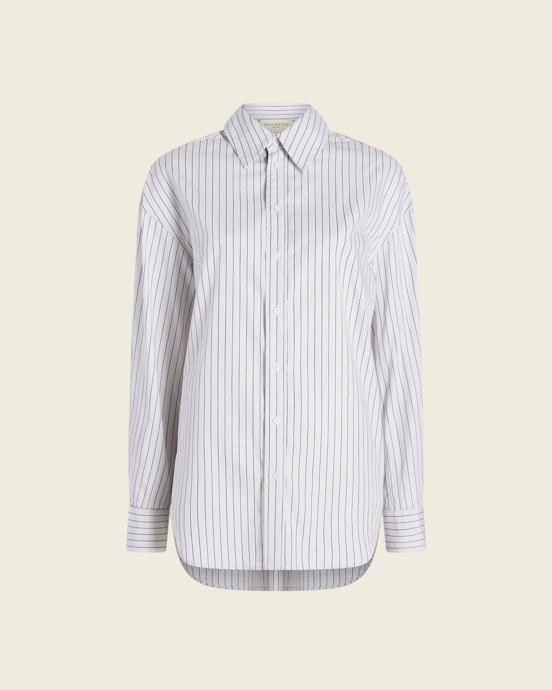 Weldun Dani button down shirt in navy striped cotton poplin with an oversized fit and full front button closure.