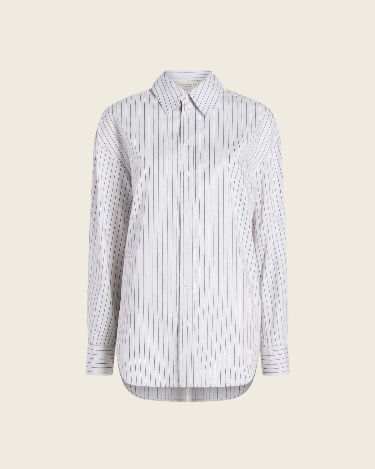 Weldun Dani button down shirt in navy striped cotton poplin with an oversized fit and full front button closure.