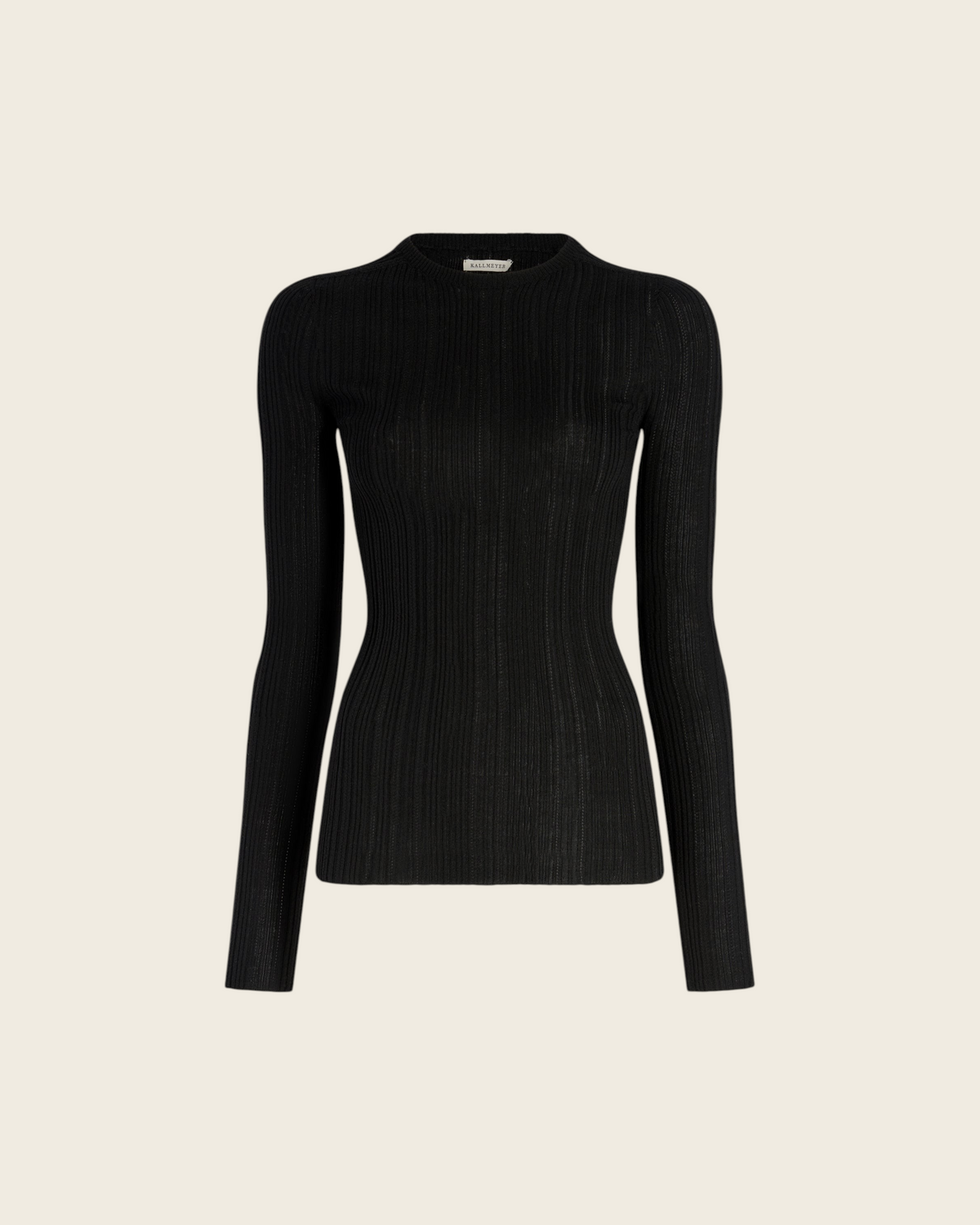 Weldun KALLMEYER black superfine pointelle knit long sleeve top with a fitted silhouette and round neckline.