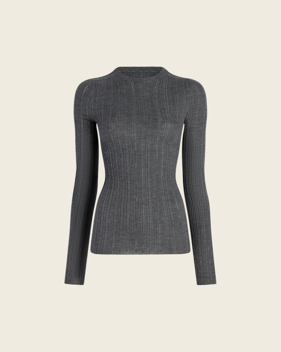 Weldun charcoal grey fitted long sleeve top in superfine pointelle ribbed knit with a round neckline.