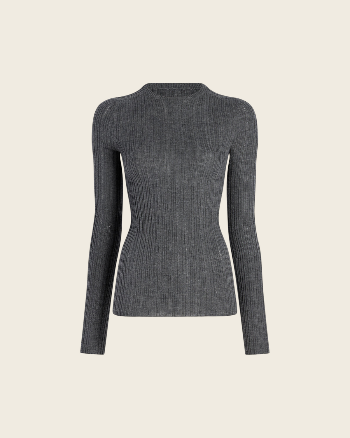 Weldun charcoal grey fitted long sleeve top in superfine pointelle ribbed knit with a round neckline.
