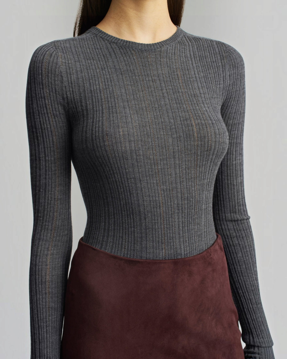 Weldun KALLMEYER charcoal grey superfine pointelle ribbed long sleeve top with a fitted silhouette and round neckline