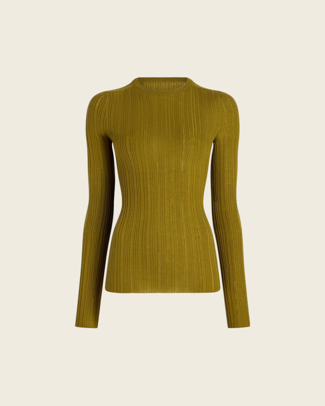 Weldun KALLMEYER olive green long sleeve top in superfine pointelle knit with a fitted silhouette and round neckline.