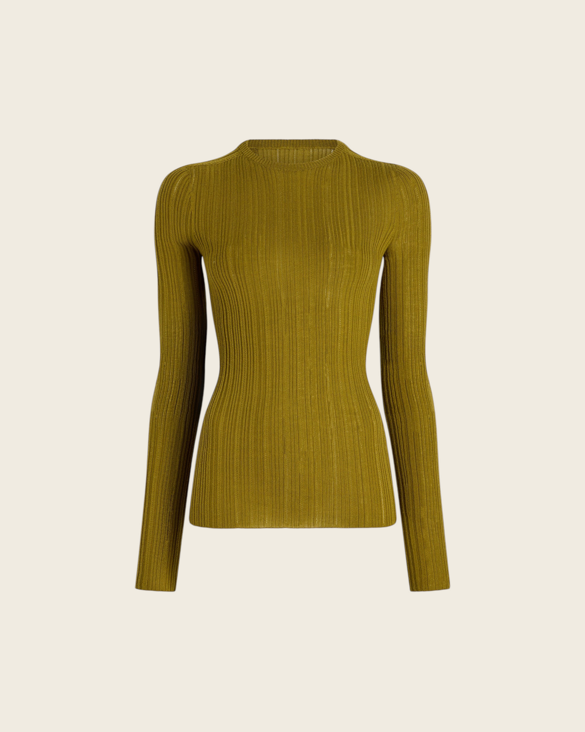 Weldun KALLMEYER olive green long sleeve top in superfine pointelle knit with a fitted silhouette and round neckline.