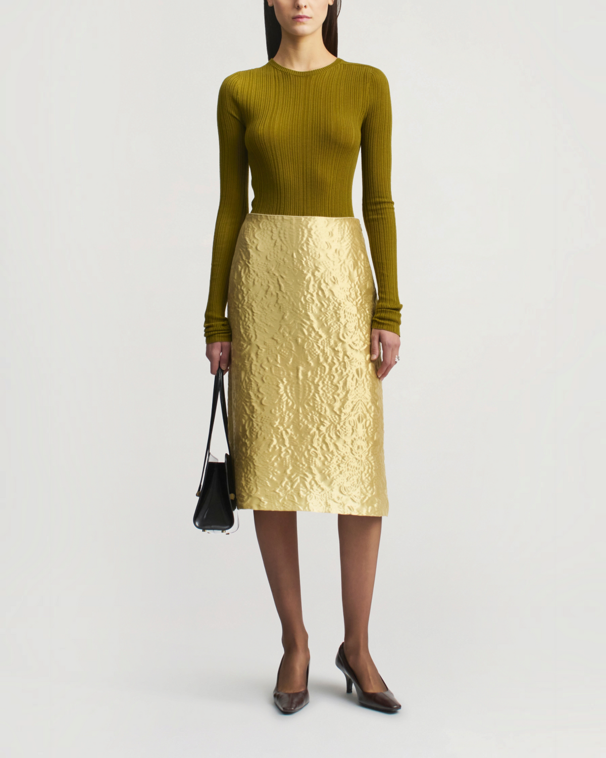 Weldun Fabi fitted long sleeve top in olive superfine pointelle knit with round neckline and elongated sleeves