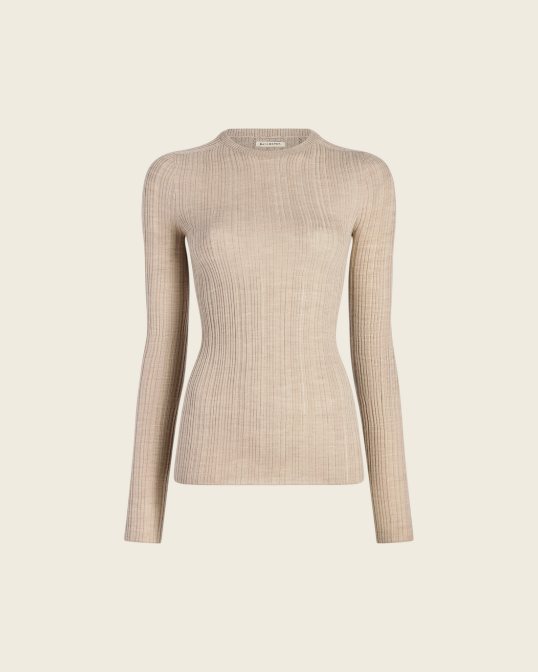 Weldun KALLMEYER Fabi fitted long sleeve top in oyster superfine pointelle ribbed knit with a round neckline.