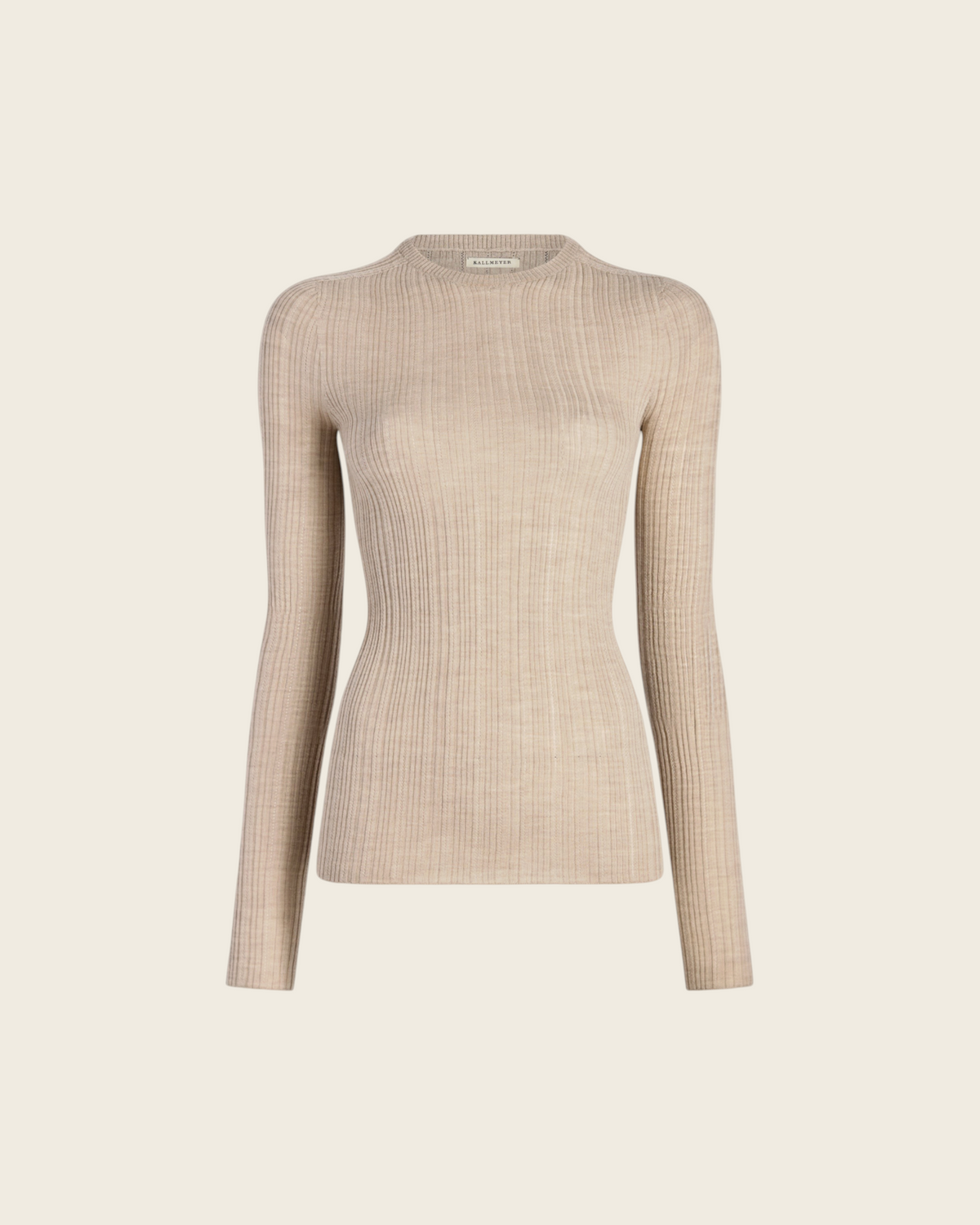 Weldun KALLMEYER Fabi fitted long sleeve top in oyster superfine pointelle ribbed knit with a round neckline.