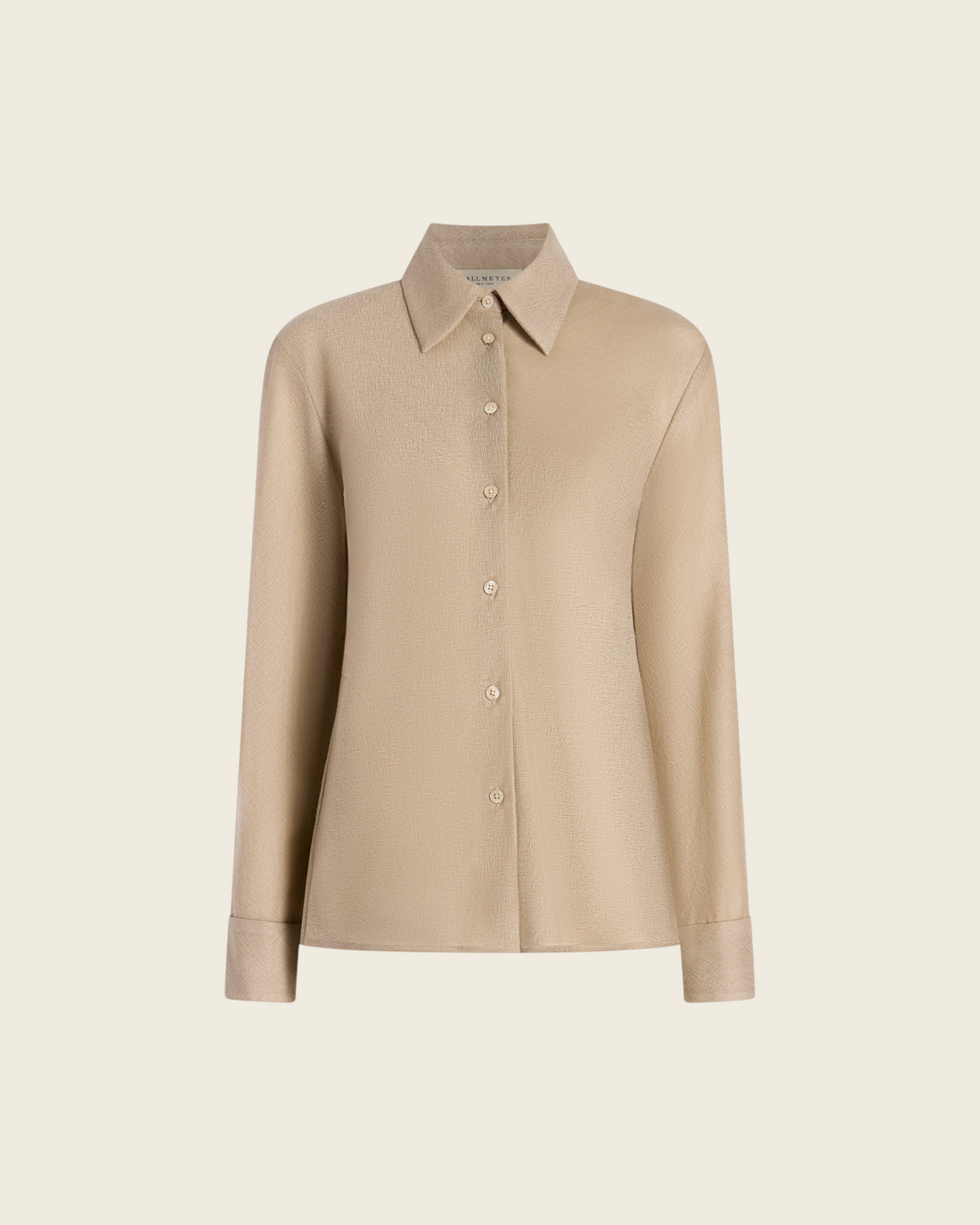 Weldun Joan bias-cut button-down shirt in taupe featherweight wool with a point collar and long buttoned sleeves.