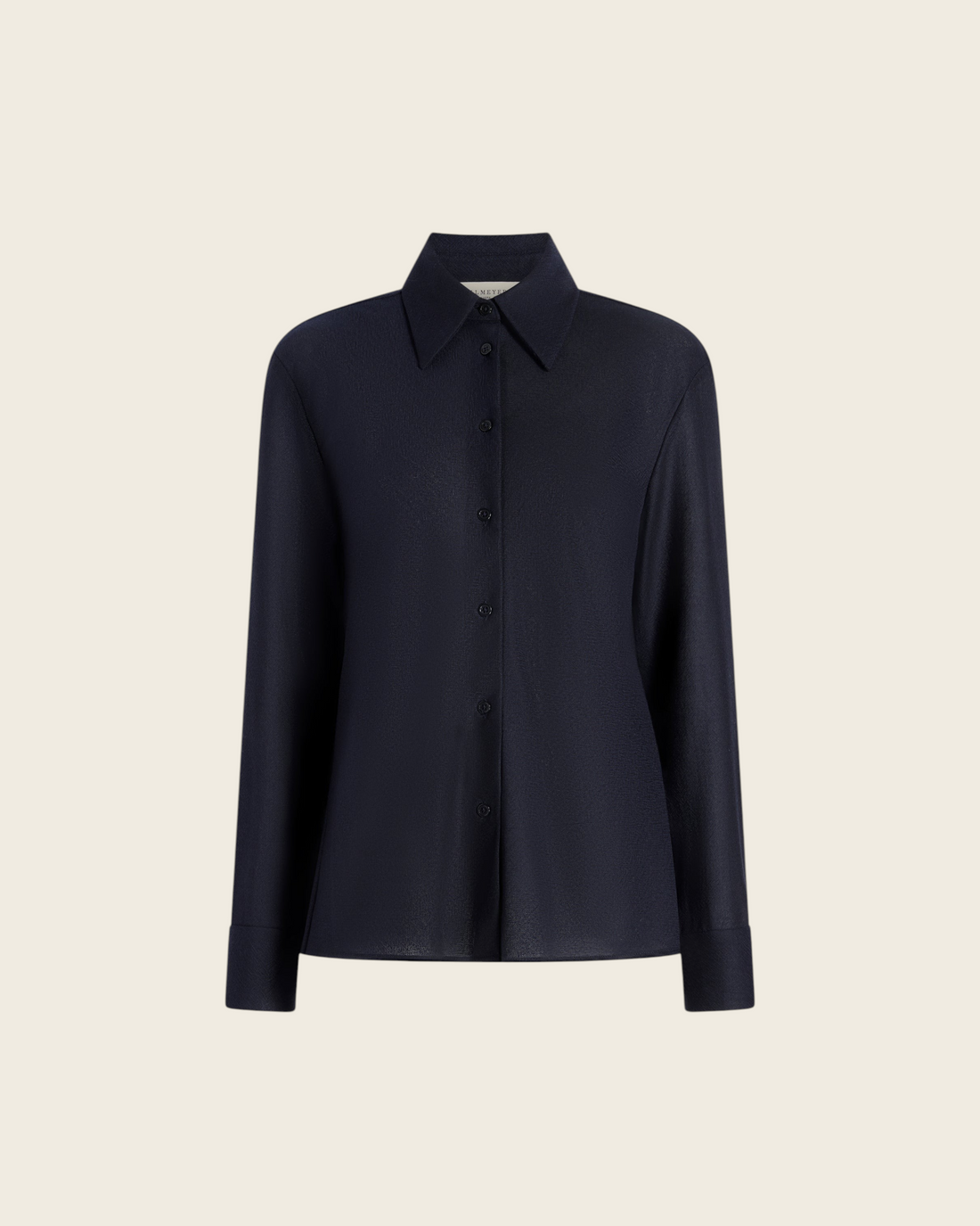 Weldun Joan bias-cut button-down shirt in indigo featherweight wool with a point collar and long sleeves.