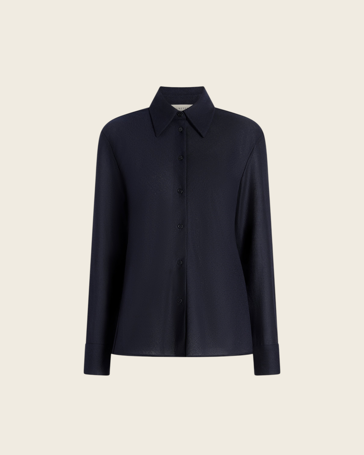 Weldun Joan bias-cut button-down shirt in indigo featherweight wool with a point collar and long sleeves.