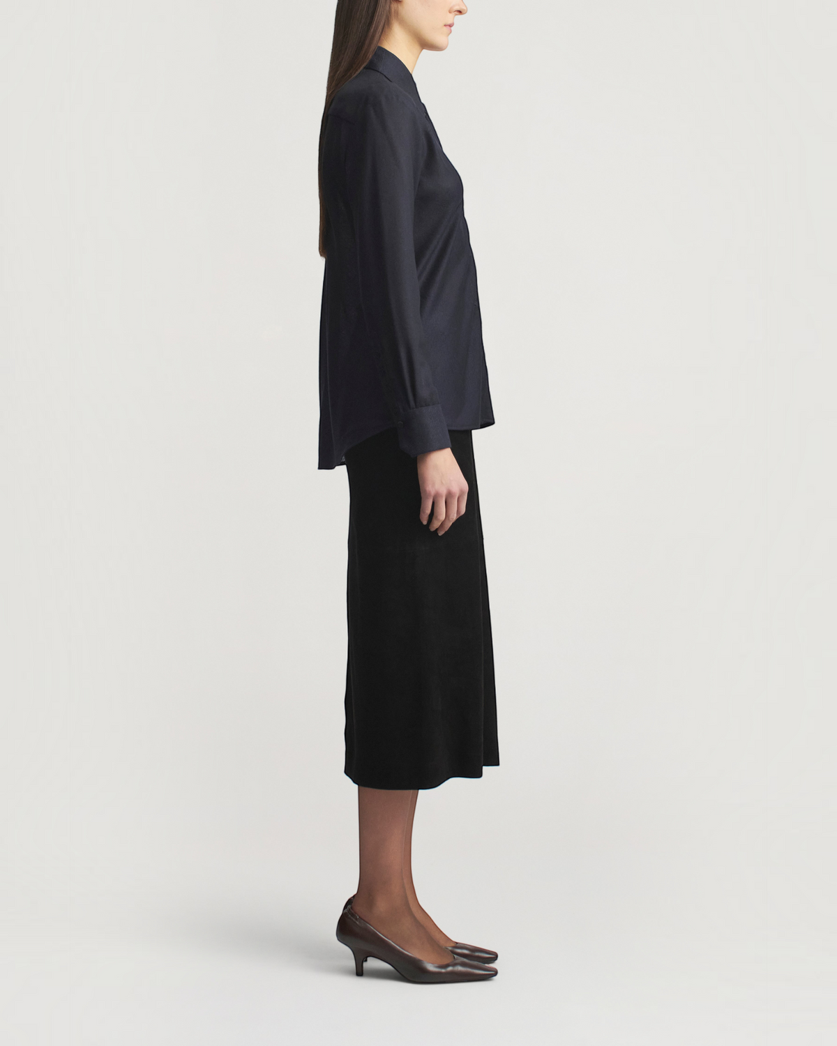 Weldun Joan bias-cut button-down shirt in indigo featherweight wool with a fluid drape and long sleeves
