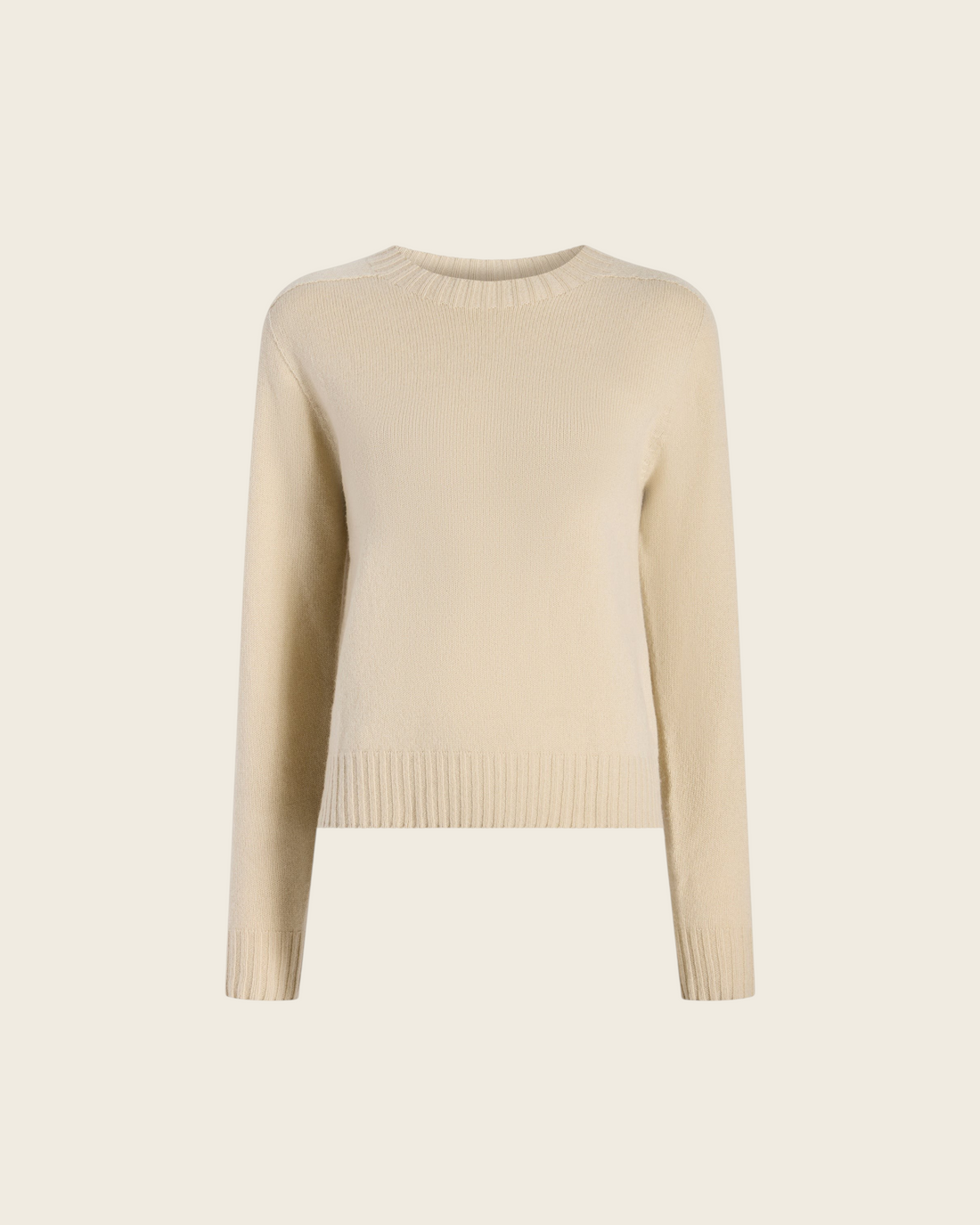Weldun KALLMEYER Nina seamless crewneck sweater in birch cashmere wool with ribbed trim and long sleeves.