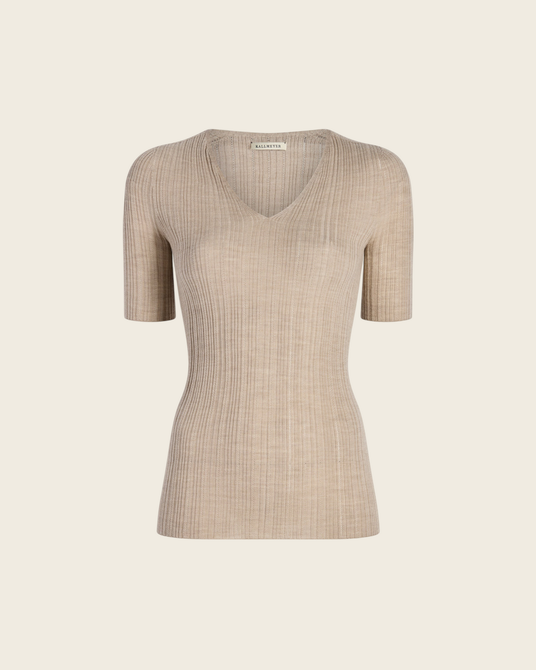 Weldun KALLMEYER Pika beige superfine pointelle knit top with a deep V-neck and elbow-length sleeves.