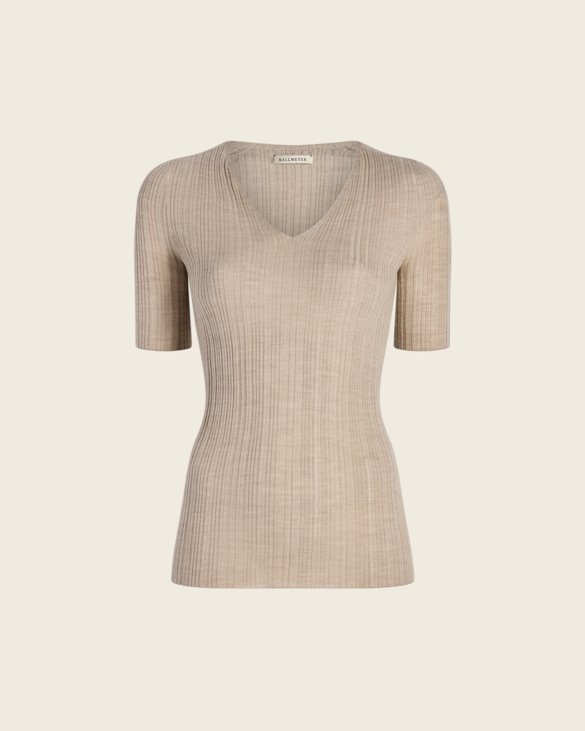 Weldun KALLMEYER Pika beige superfine pointelle knit top with a deep V-neck and elbow-length sleeves.