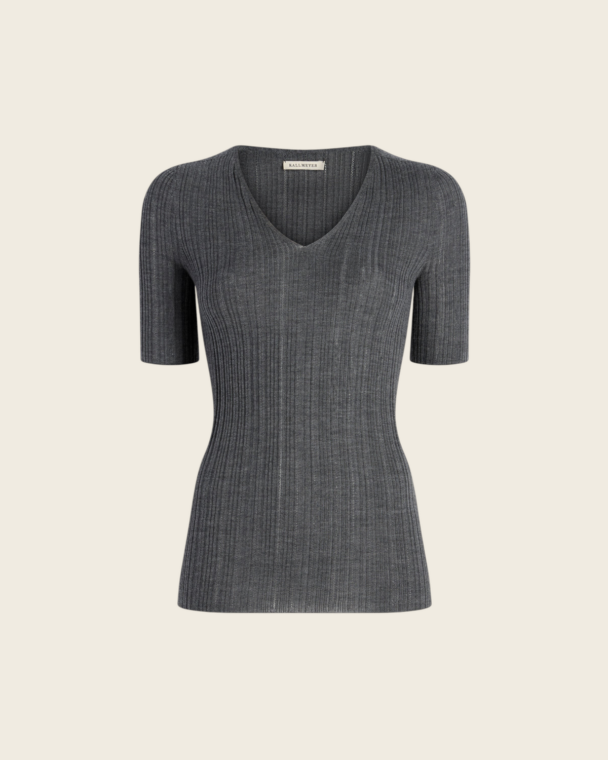 Weldun KALLMEYER charcoal grey superfine pointelle knit top with a deep V-neck and elbow-length sleeves.