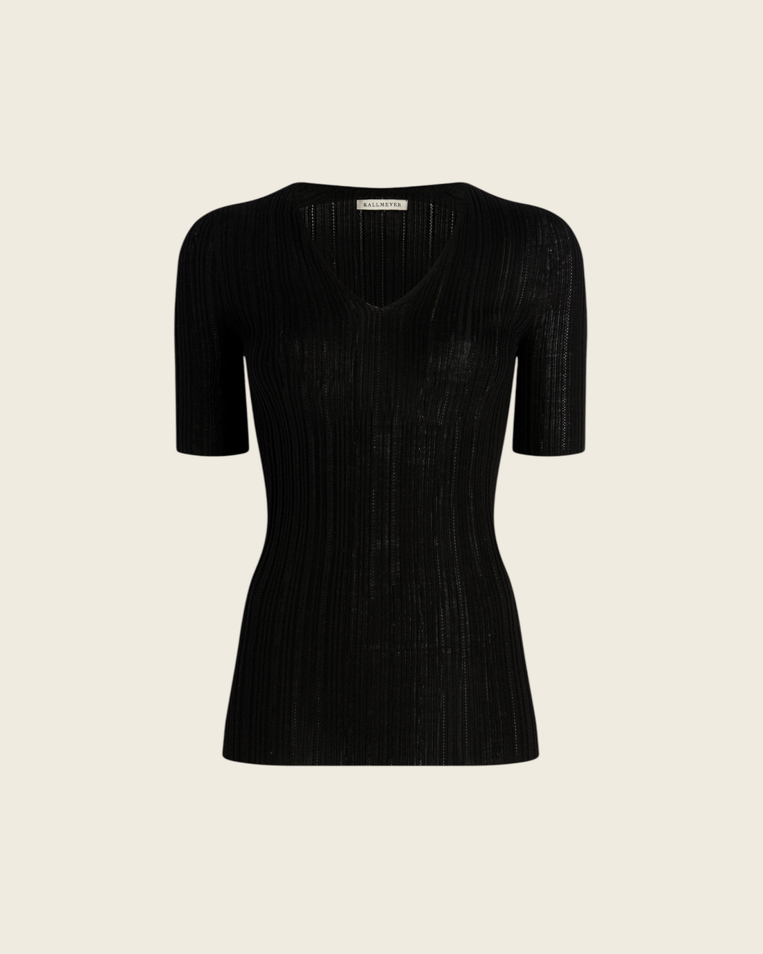 Weldun KALLMEYER Pika black superfine pointelle knit V-neck top with elbow-length sleeves and seamless construction.