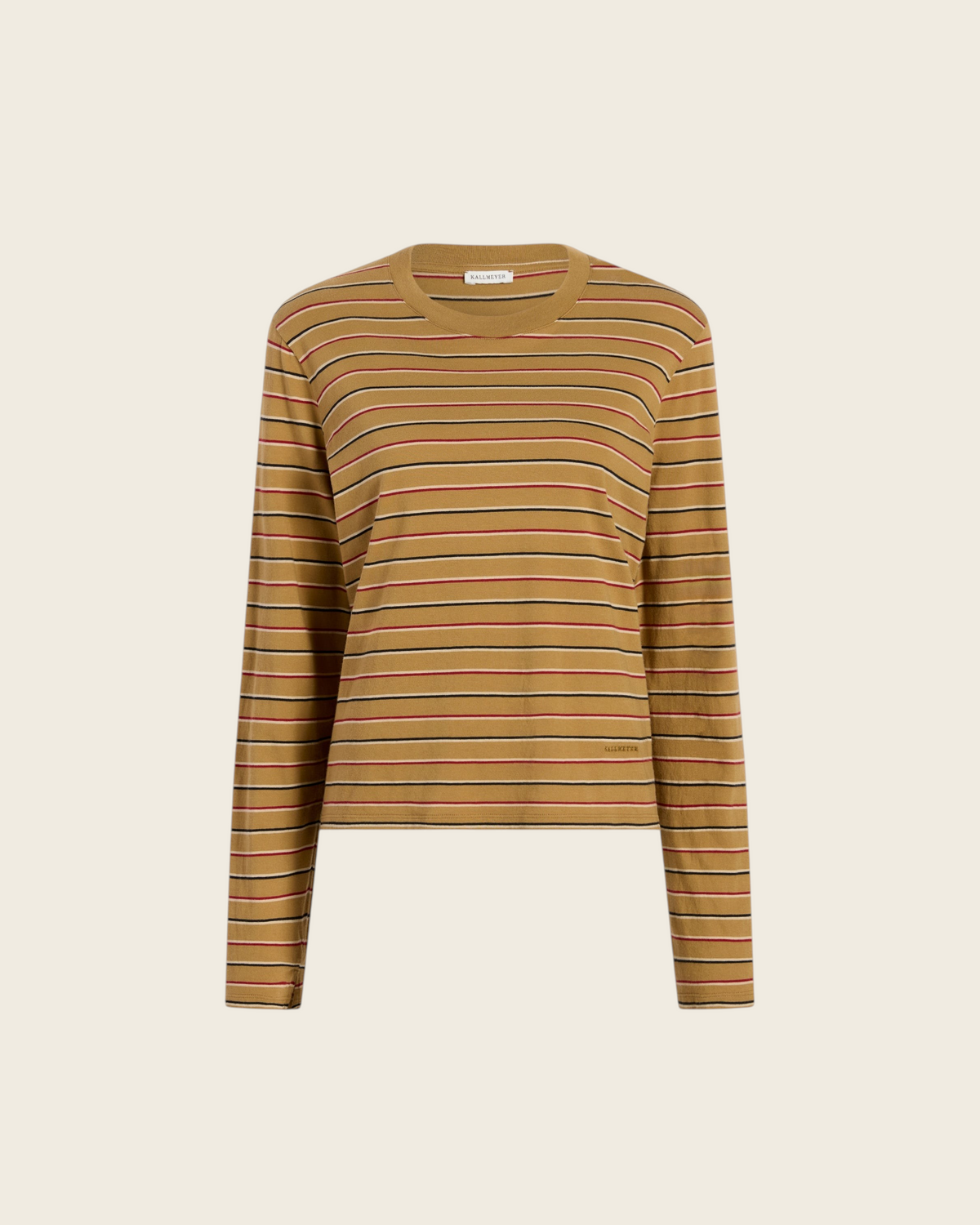 Weldun KALLMEYER Wynn long sleeve t-shirt in camel with multi-colored horizontal stripes and a relaxed boxy fit.