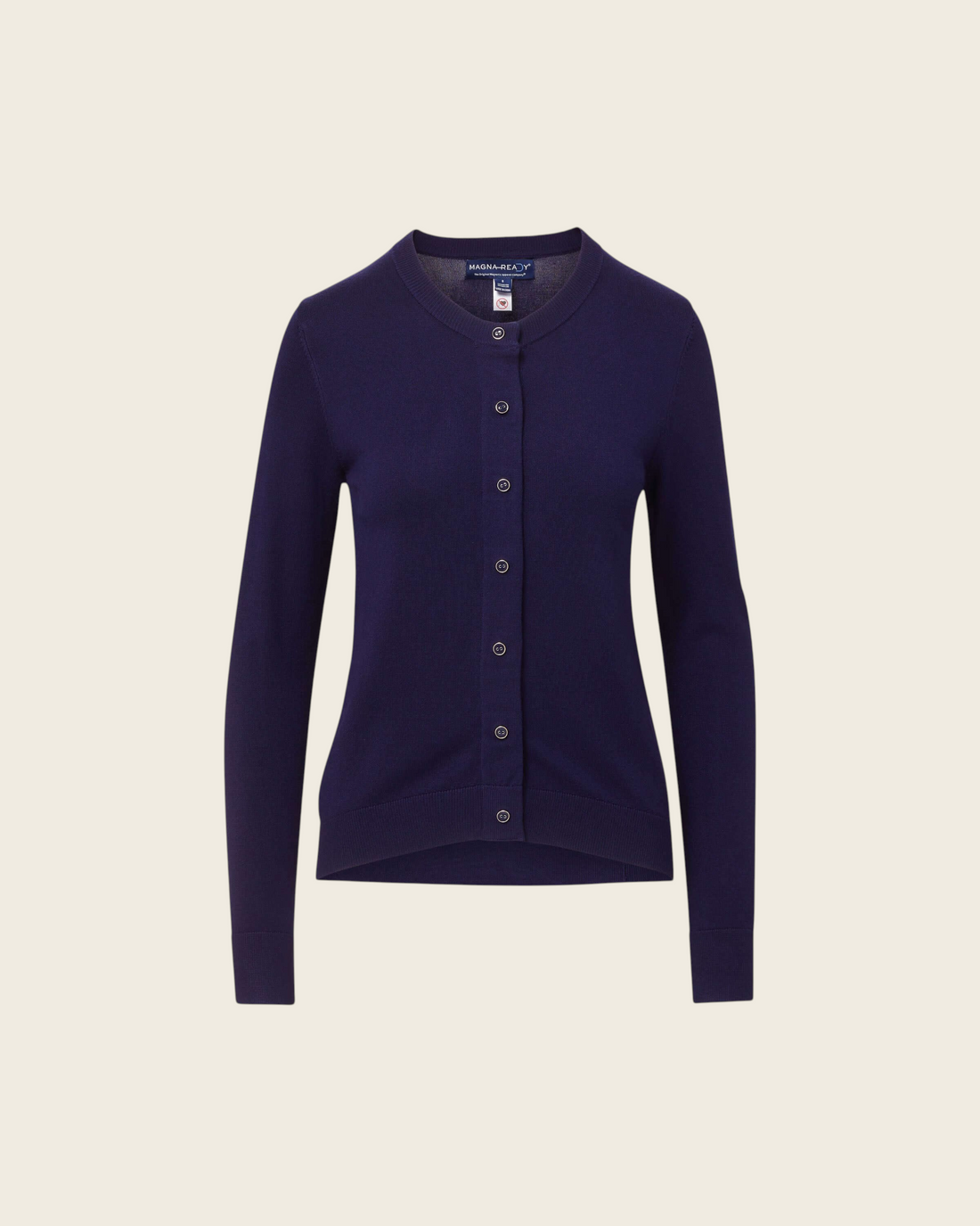 Weldun navy adaptive knit cardigan with magnetic front closures and faux buttons for easy dressing.