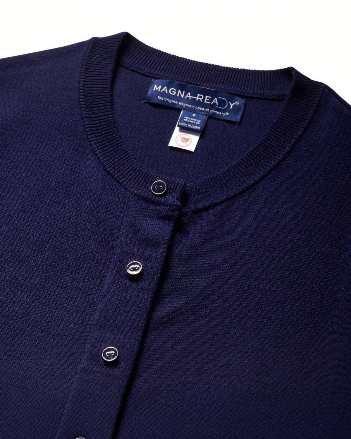 Weldun MagnaReady navy knit cardigan featuring hidden magnetic closures and a soft rayon-nylon blend fabric.