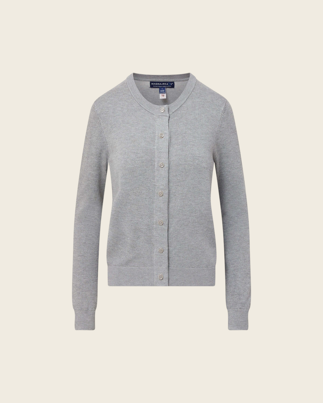 Weldun grey adaptive knit cardigan with magnetic front closures and faux buttons for easy dressing.