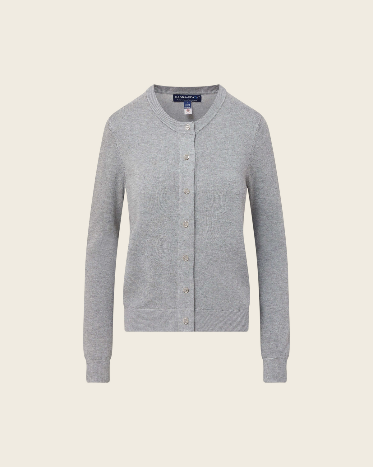 Weldun grey adaptive knit cardigan with magnetic front closures and faux buttons for easy dressing.