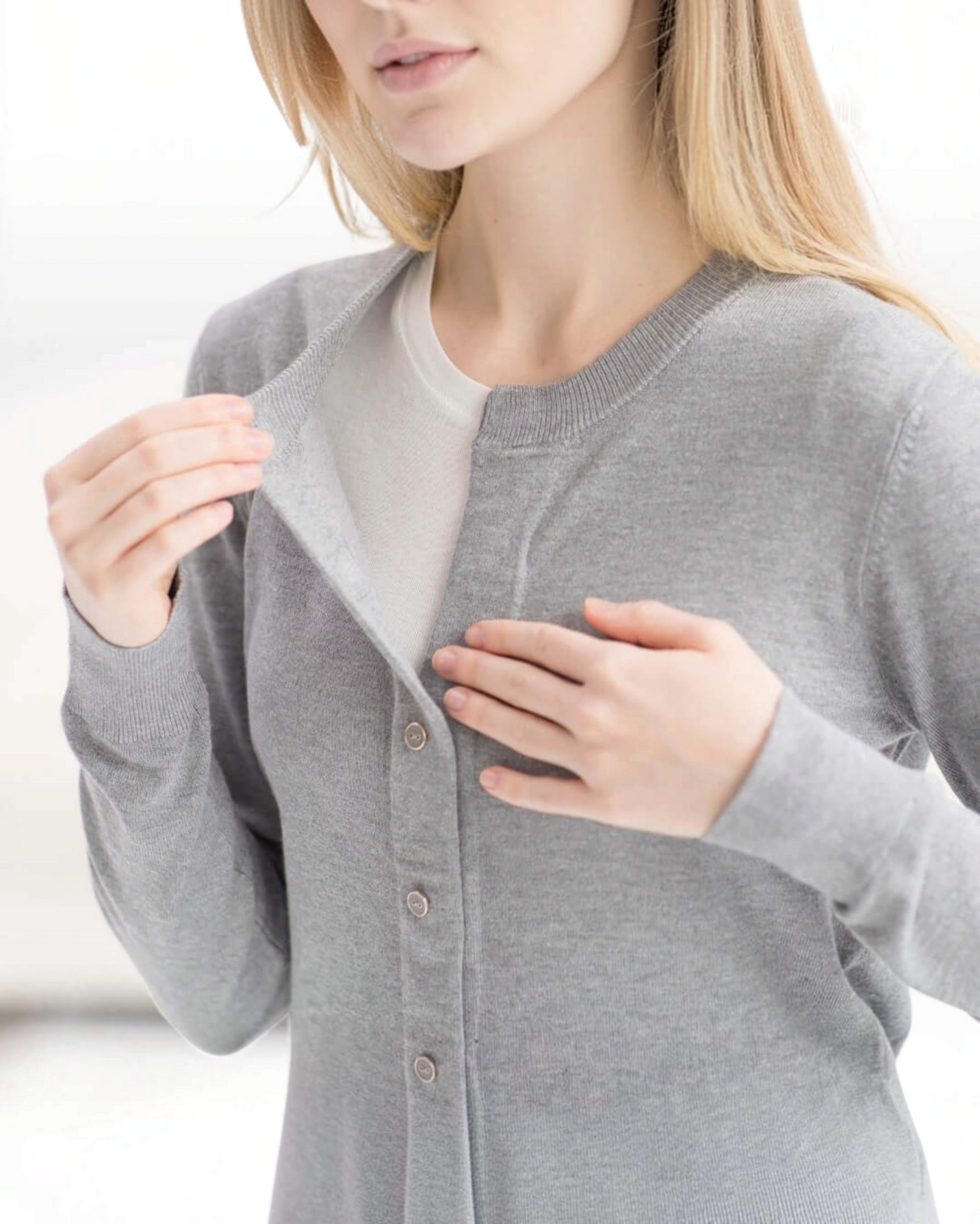 Weldun grey adaptive knit cardigan with hidden magnetic front closures for easy dressing on a woman