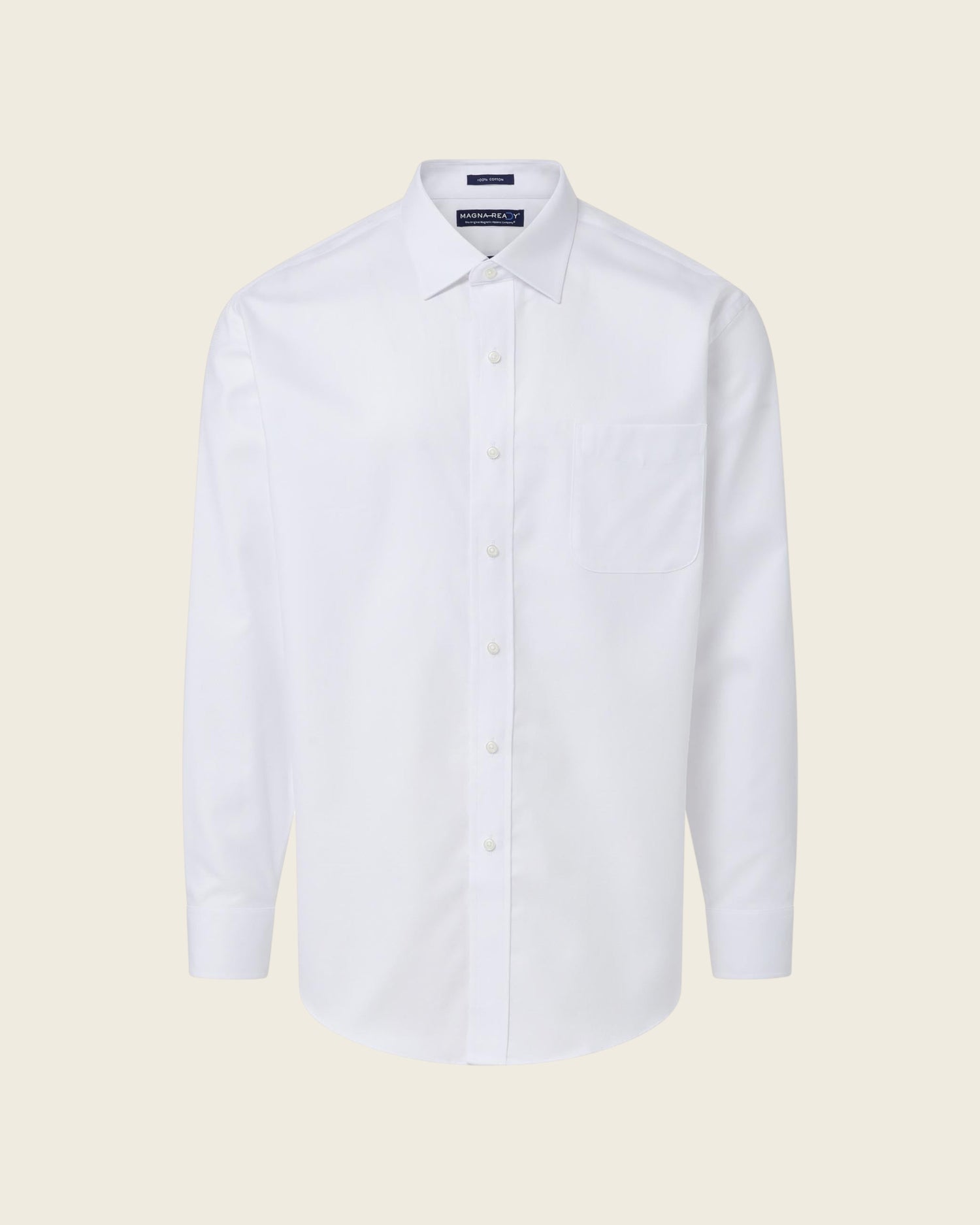 Weldun white adaptive dress shirt with hidden magnetic closures, spread collar, and chest pocket in 100% cotton.