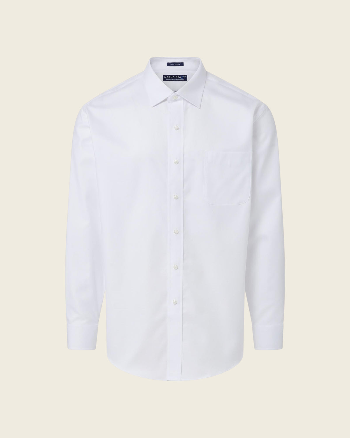 Weldun white adaptive dress shirt with hidden magnetic closures, spread collar, and chest pocket in 100% cotton.